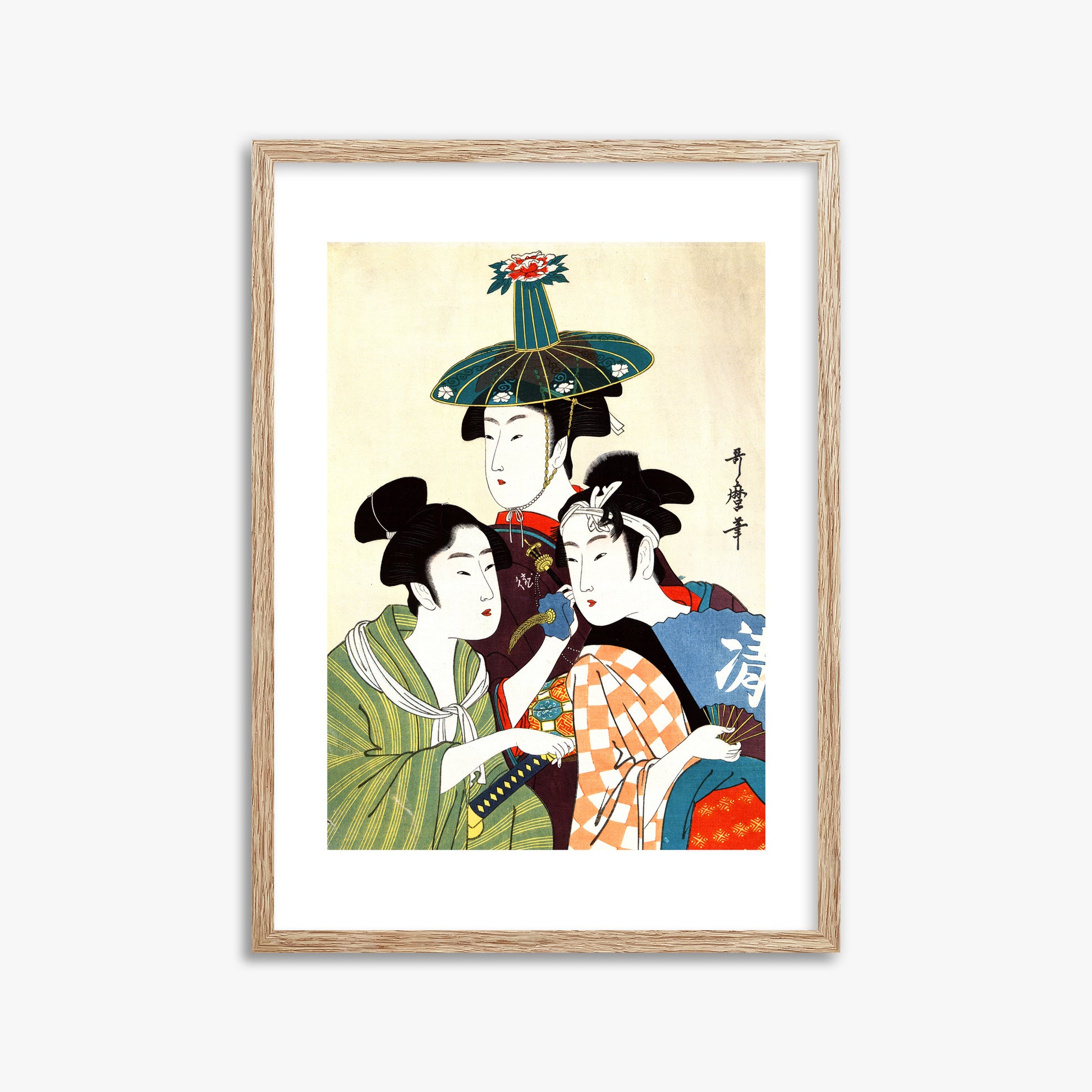 Utamaro Kitagawa: Three Young Men or Women, 50x70cm Framed Art Reproduction With Raw Oak Frame