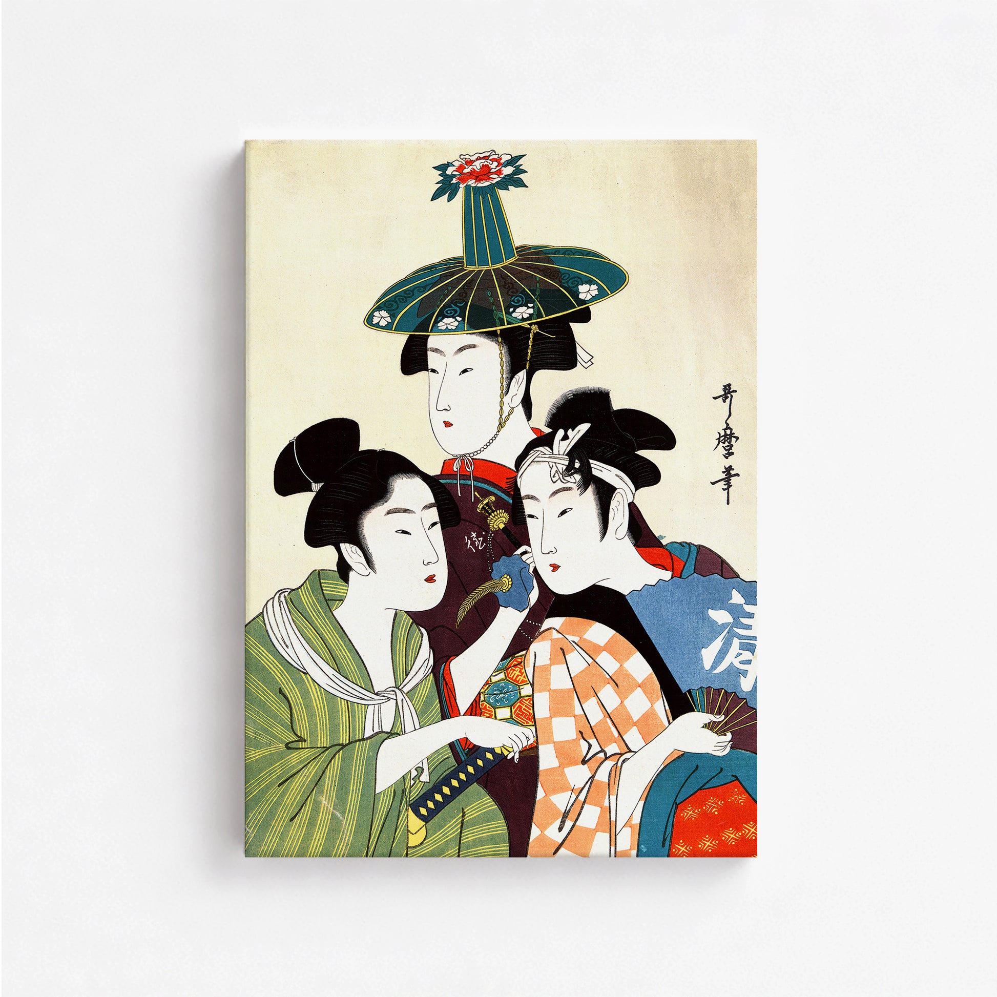 Utamaro Kitagawa: Three Young Men or Women, 50x70cm Satin Canvas Art Reproduction
