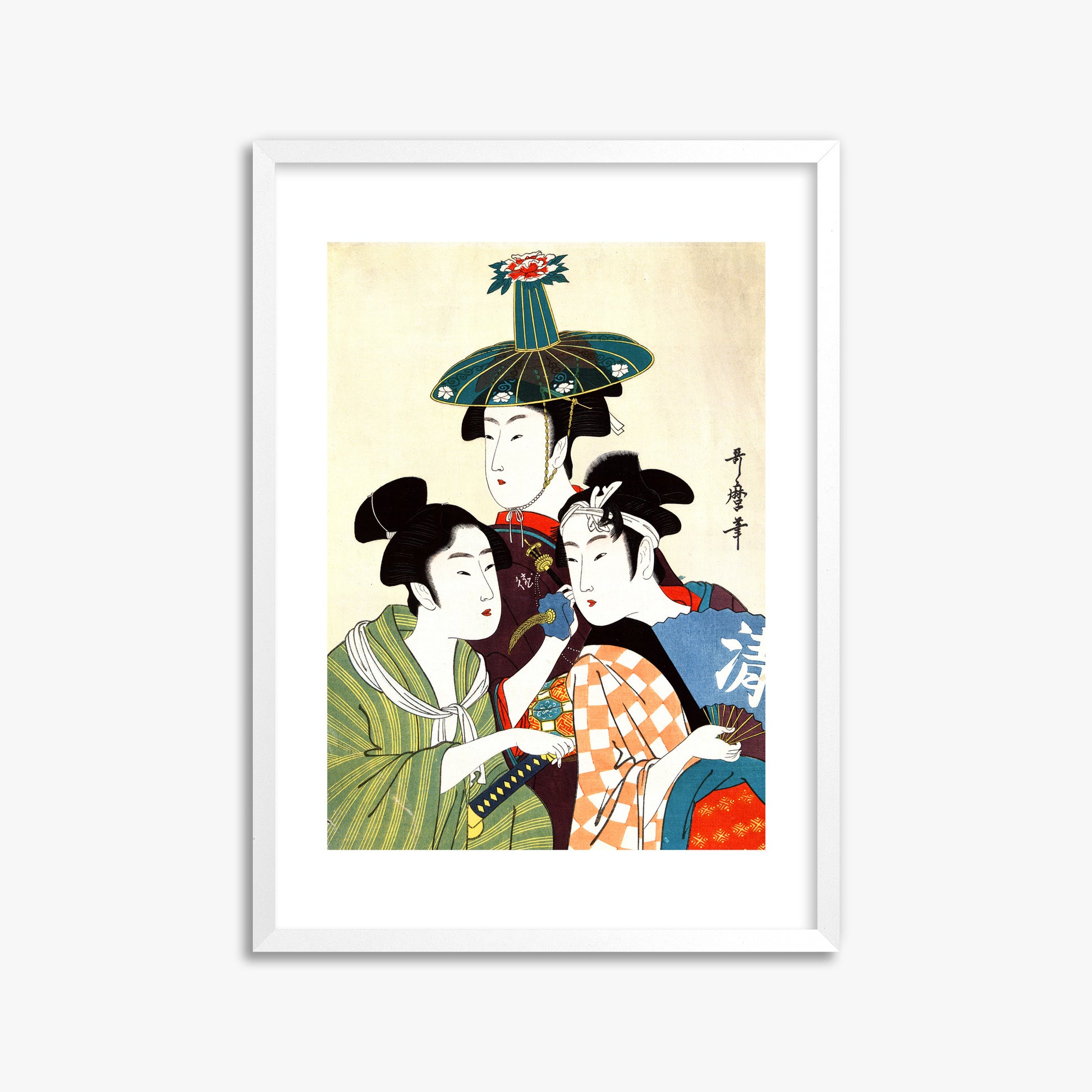 Utamaro Kitagawa: Three Young Men or Women, 50x70cm Framed Art Reproduction With White Frame