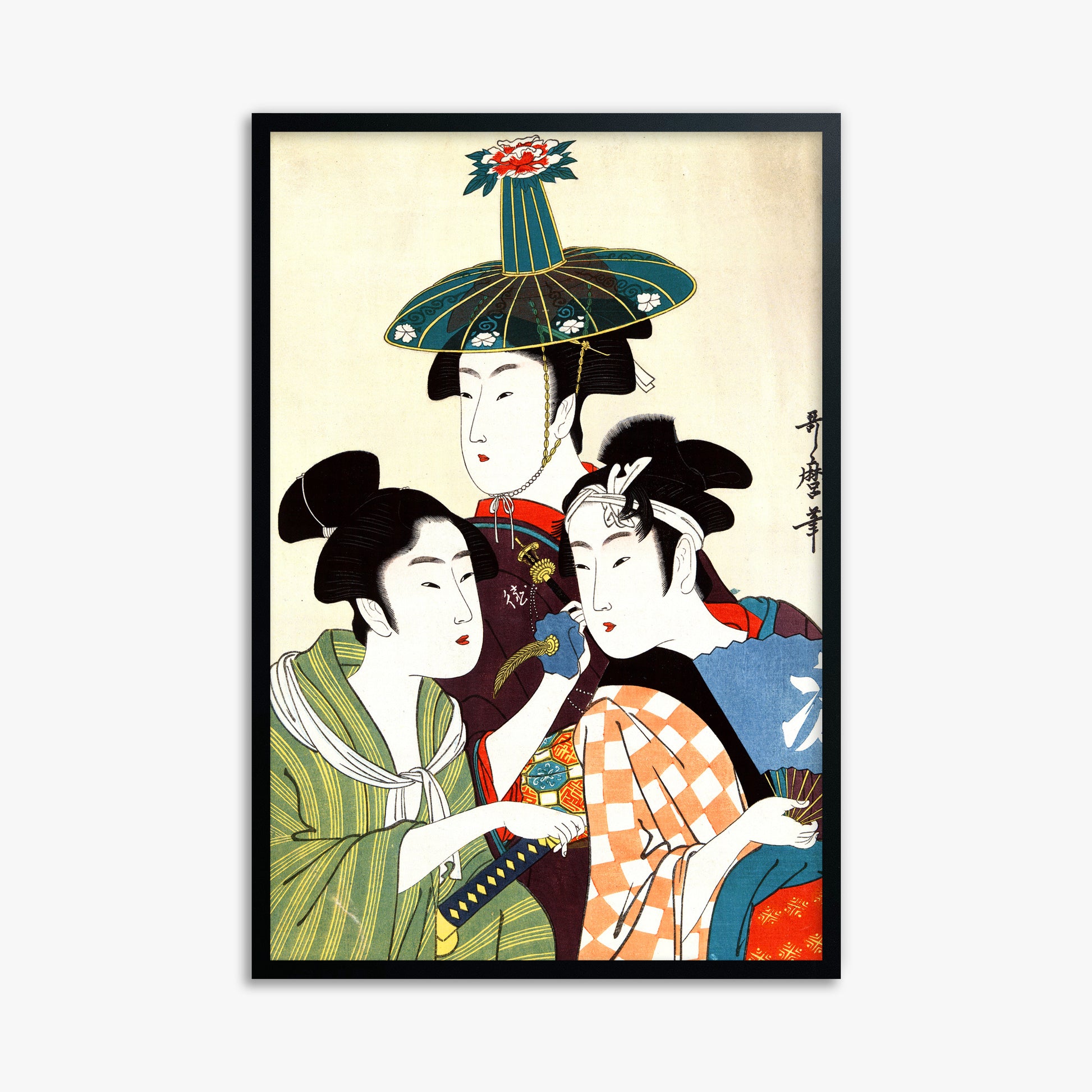 Utamaro Kitagawa: Three Young Men or Women, 61x91cm Framed Art Reproduction With Black Frame