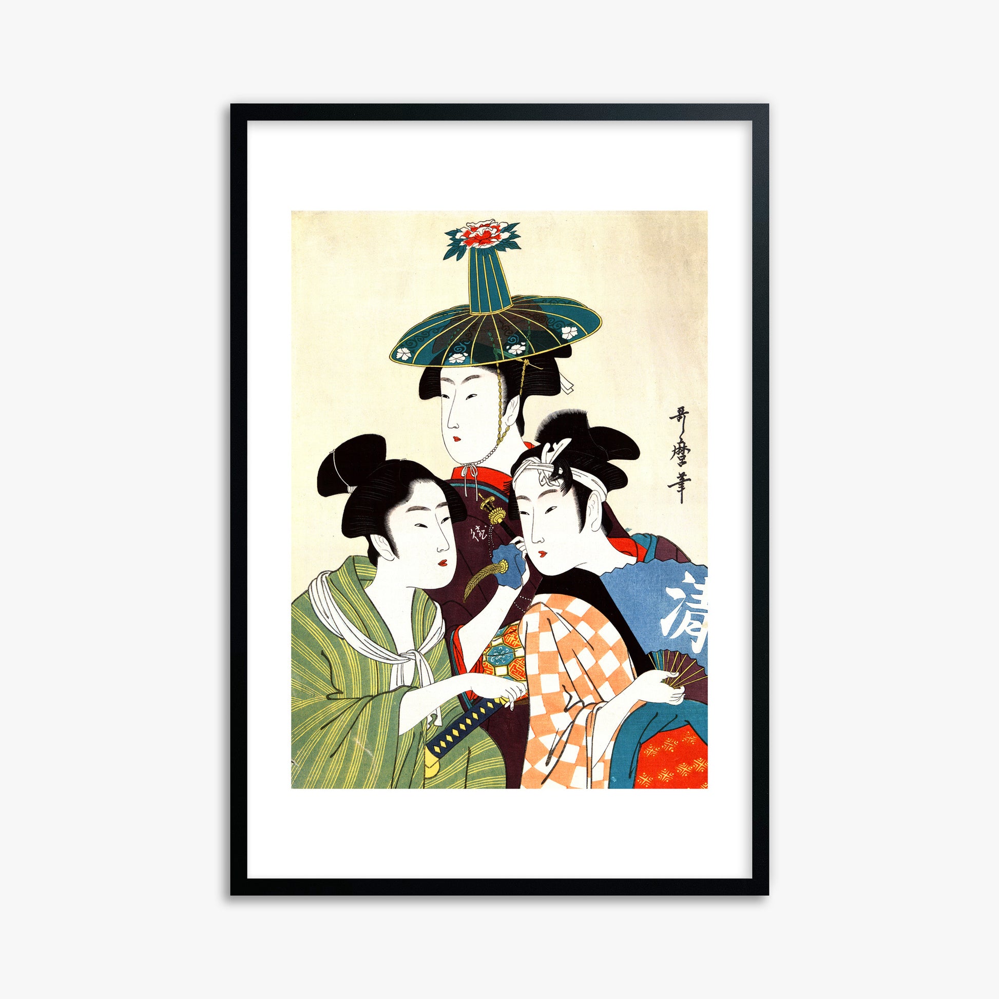 Utamaro Kitagawa: Three Young Men or Women, 61x91cm Framed Art Reproduction With Black Frame