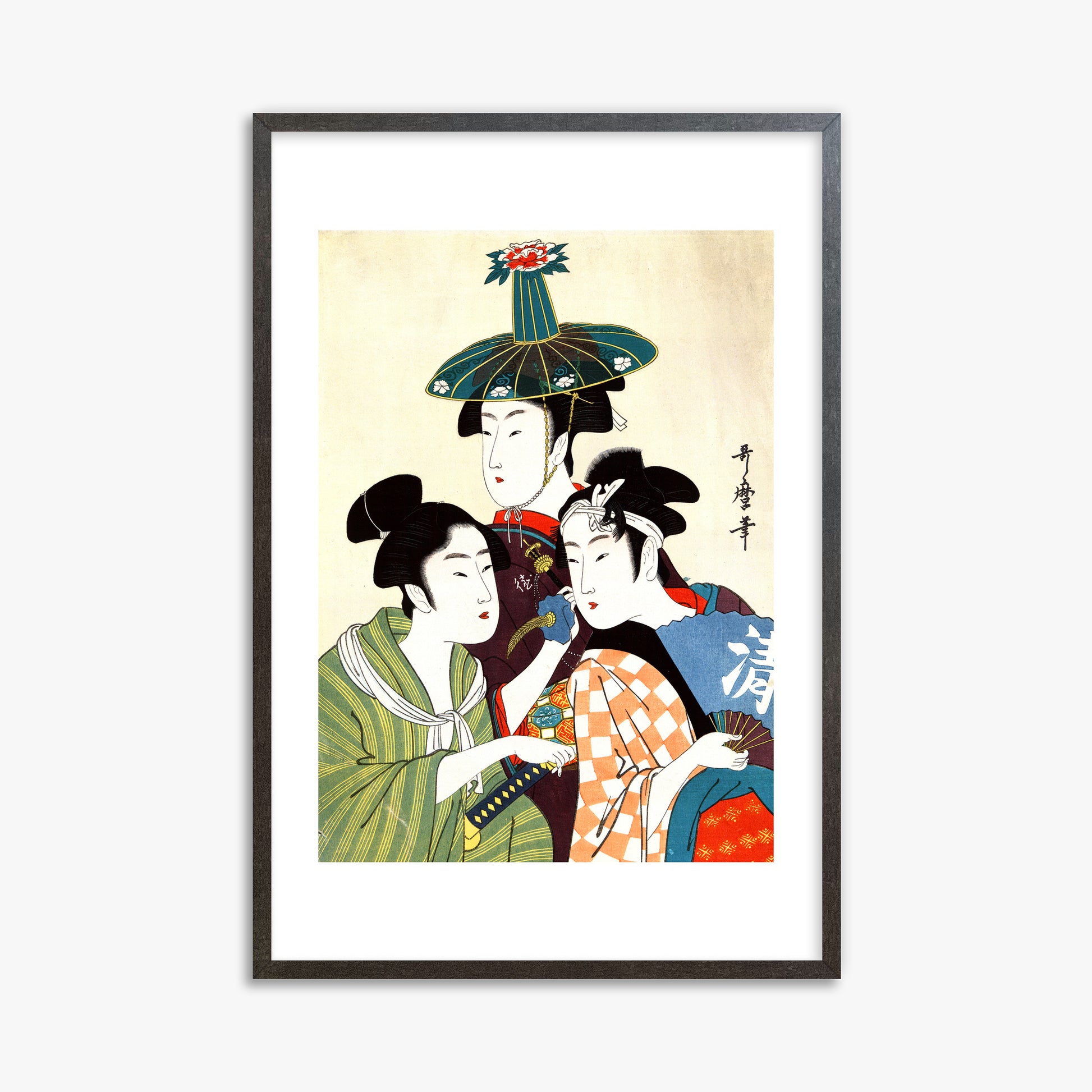 Utamaro Kitagawa: Three Young Men or Women, 61x91cm Framed Art Reproduction With Espresso Frame