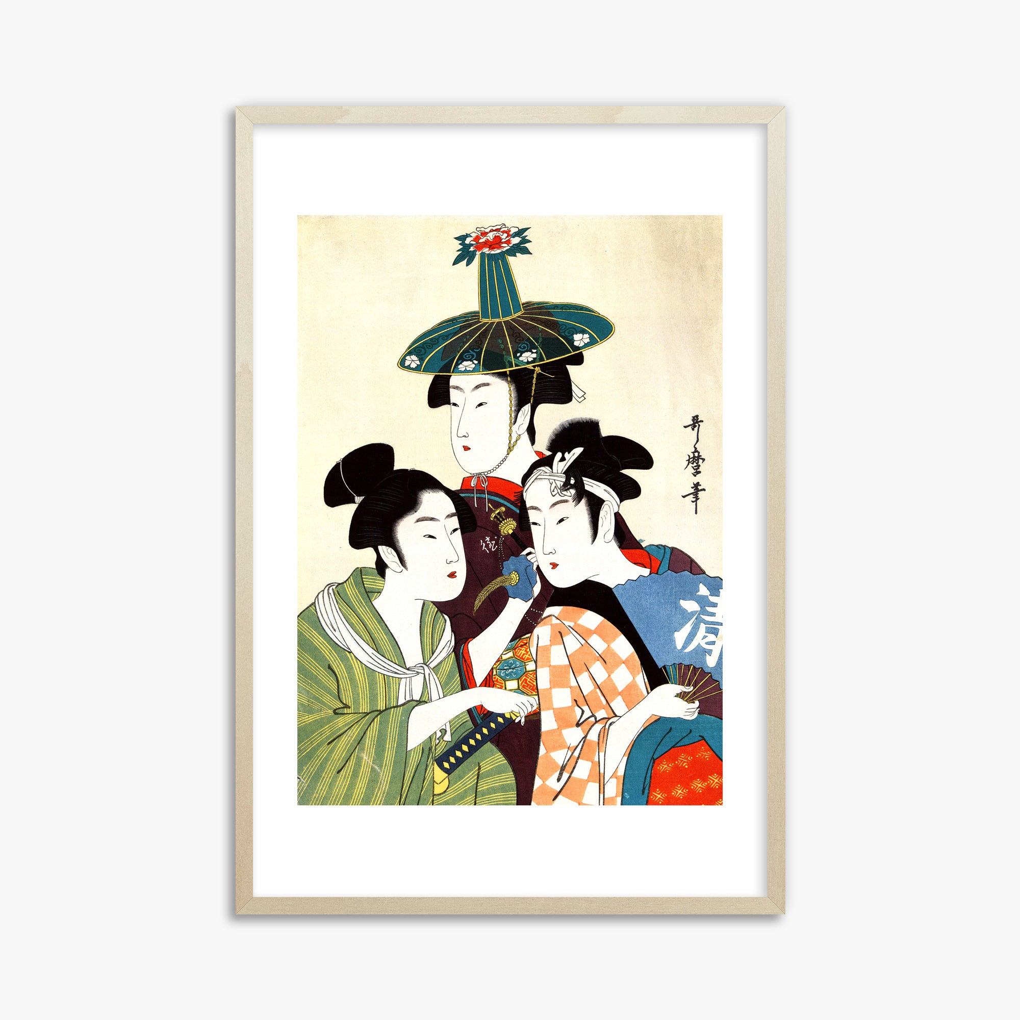 Utamaro Kitagawa: Three Young Men or Women, 61x91cm Framed Art Reproduction With Lime Wood Frame