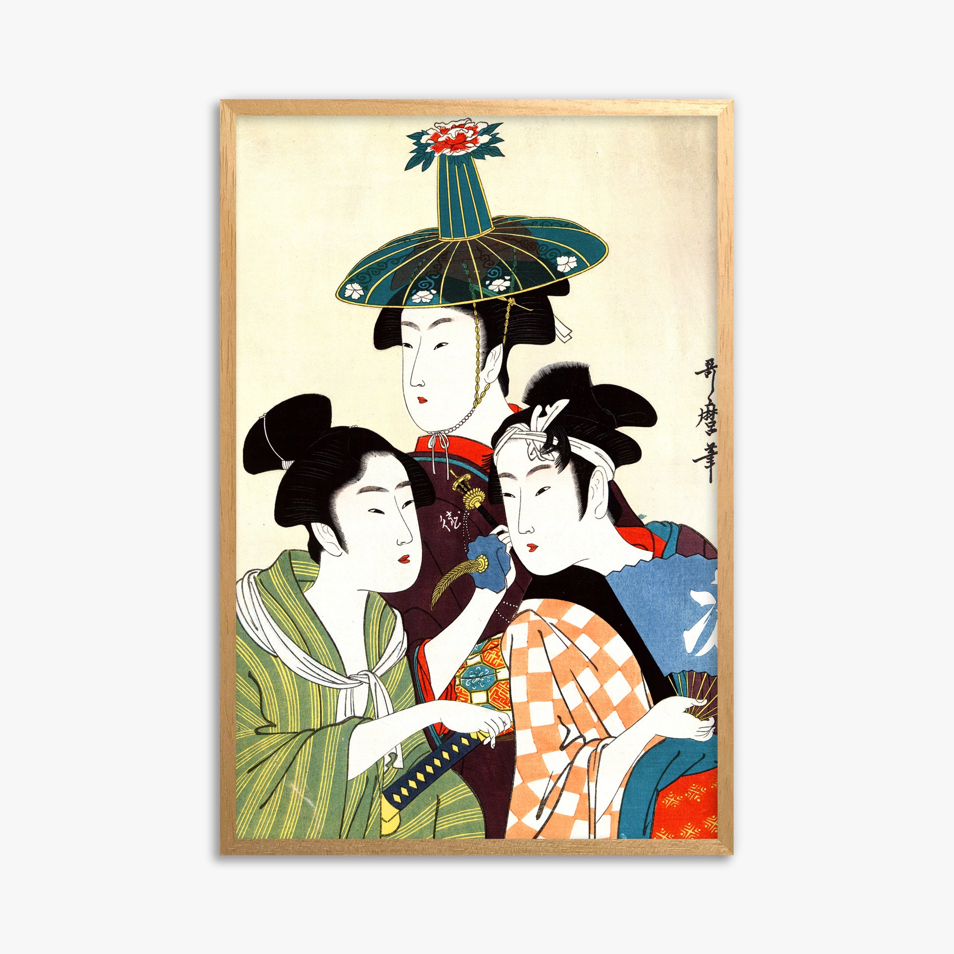 Utamaro Kitagawa: Three Young Men or Women, 61x91cm Framed Art Reproduction With Oak Frame