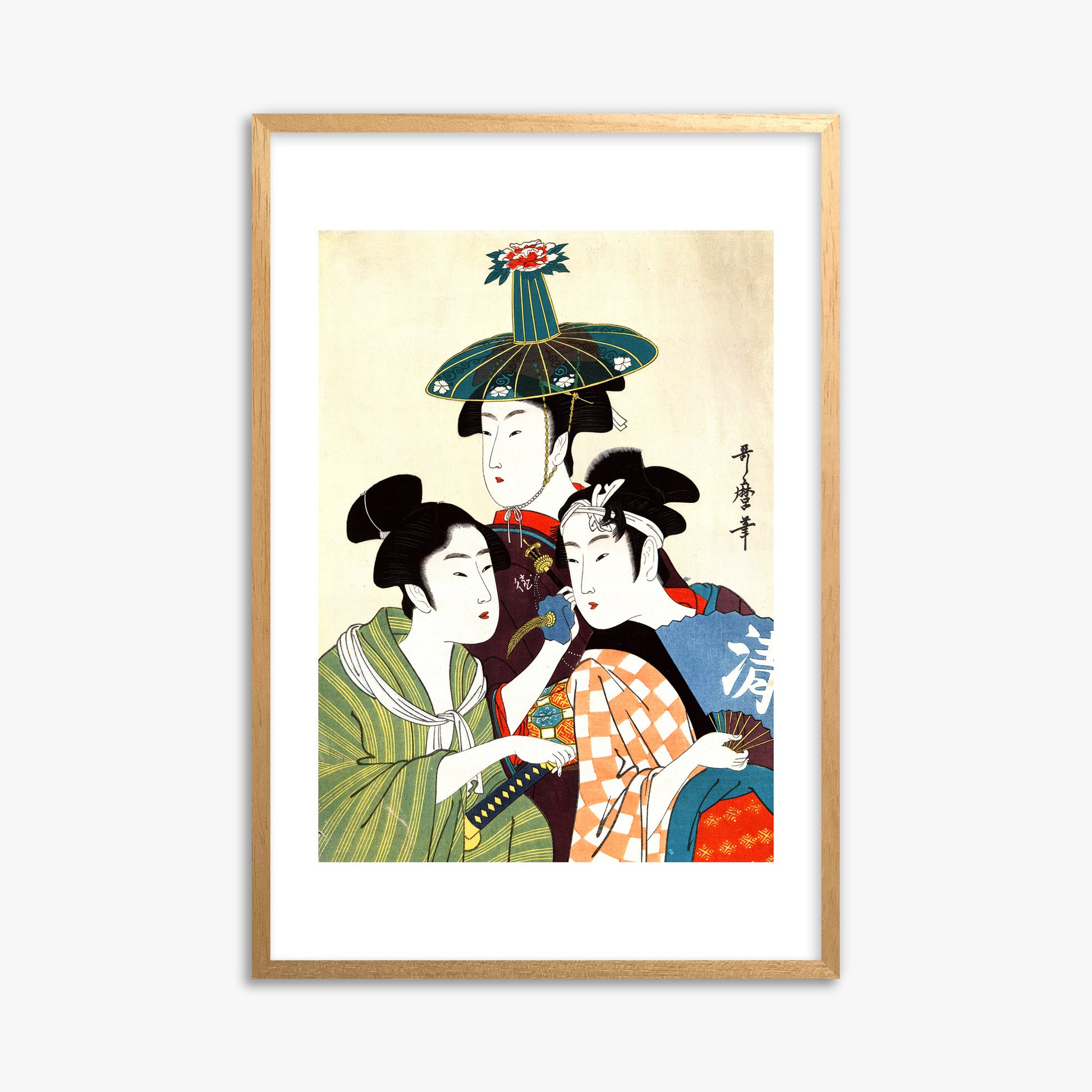 Utamaro Kitagawa: Three Young Men or Women, 61x91cm Framed Art Reproduction With Oak Frame