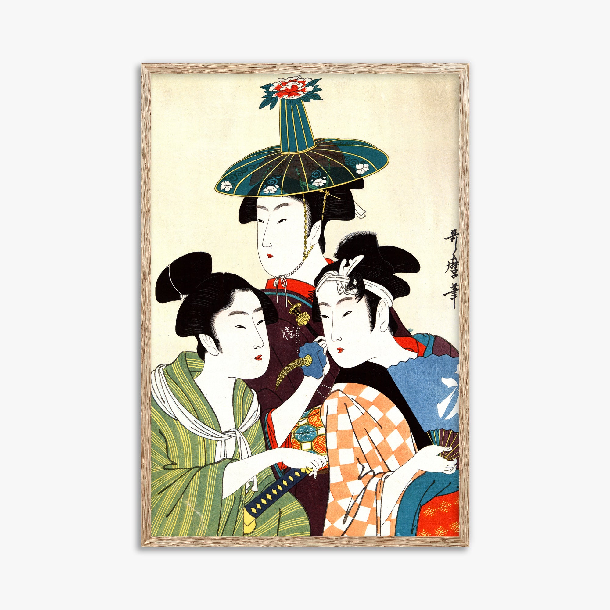 Utamaro Kitagawa: Three Young Men or Women, 61x91cm Framed Art Reproduction With Raw Oak Frame
