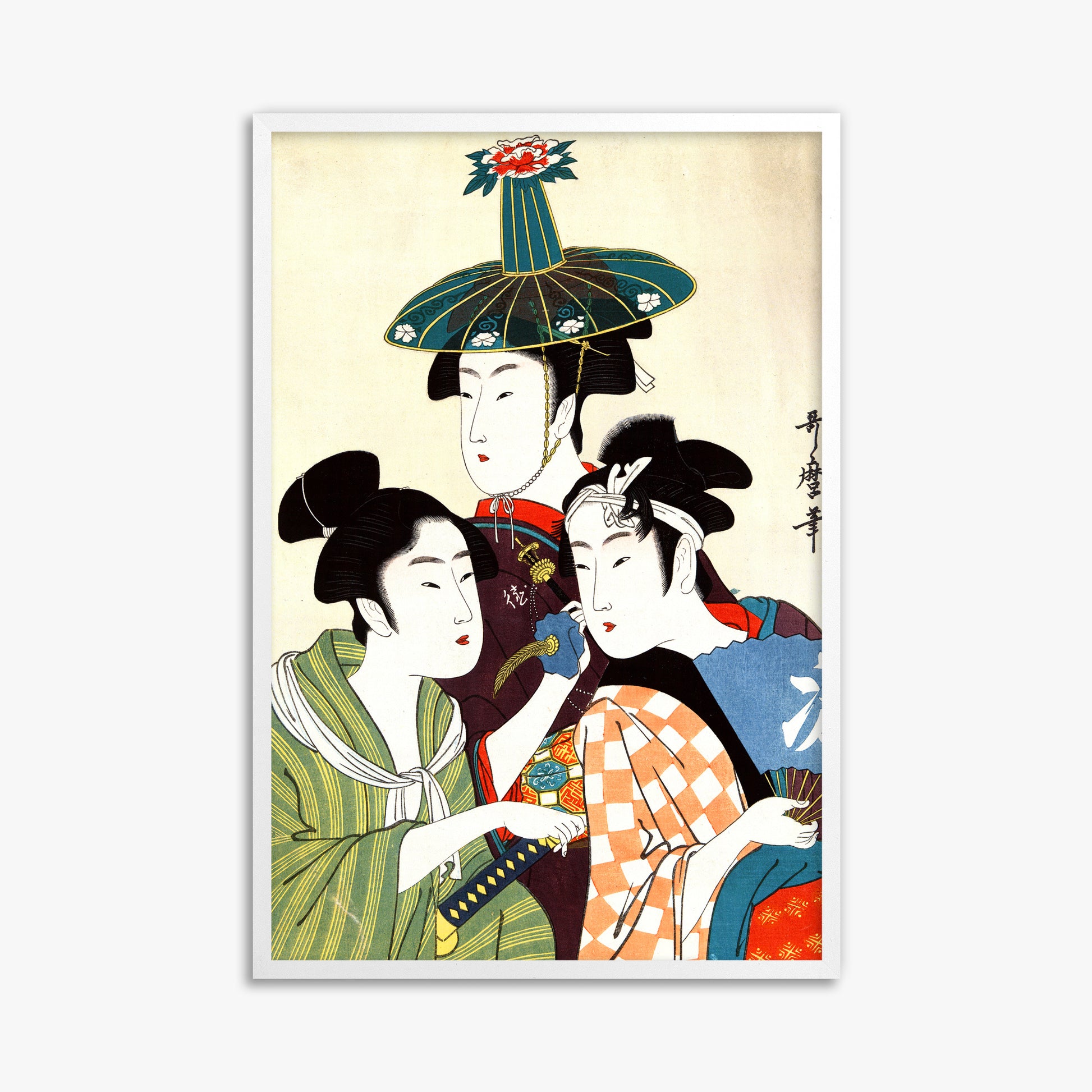 Utamaro Kitagawa: Three Young Men or Women, 61x91cm Framed Art Reproduction With White Frame