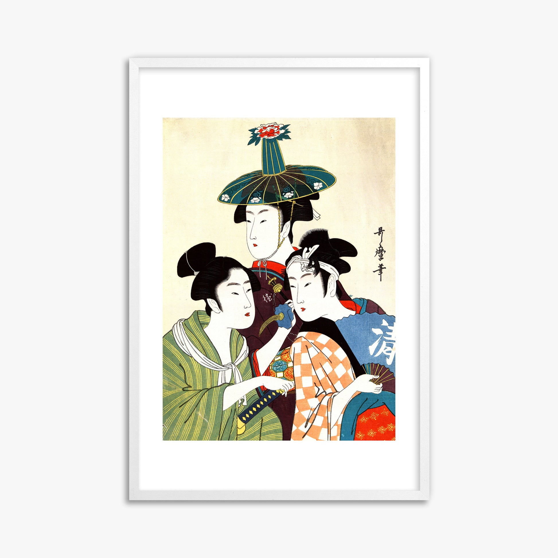 Utamaro Kitagawa: Three Young Men or Women, 61x91cm Framed Art Reproduction With White Frame