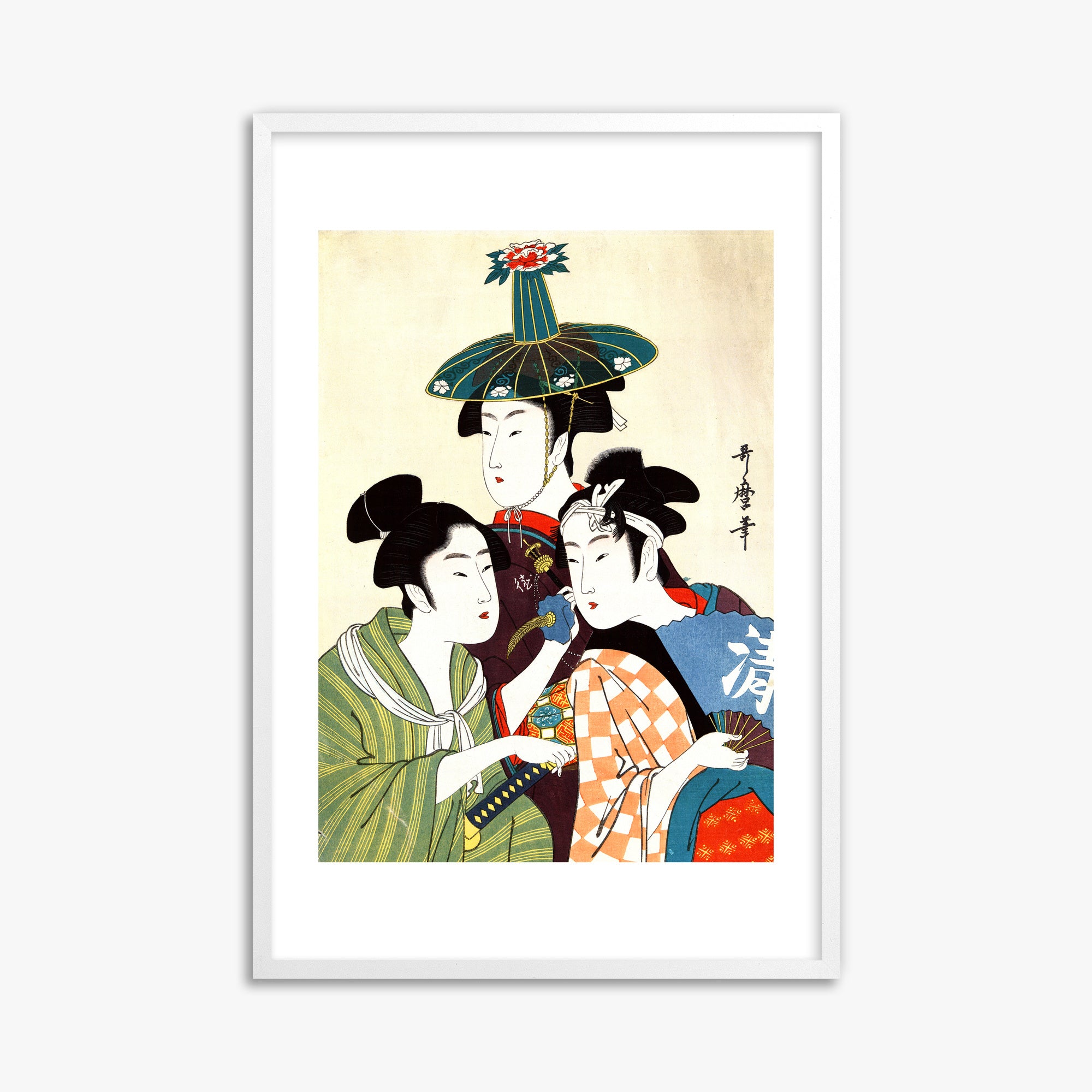 Utamaro Kitagawa: Three Young Men or Women, 61x91cm Framed Art Reproduction With White Frame