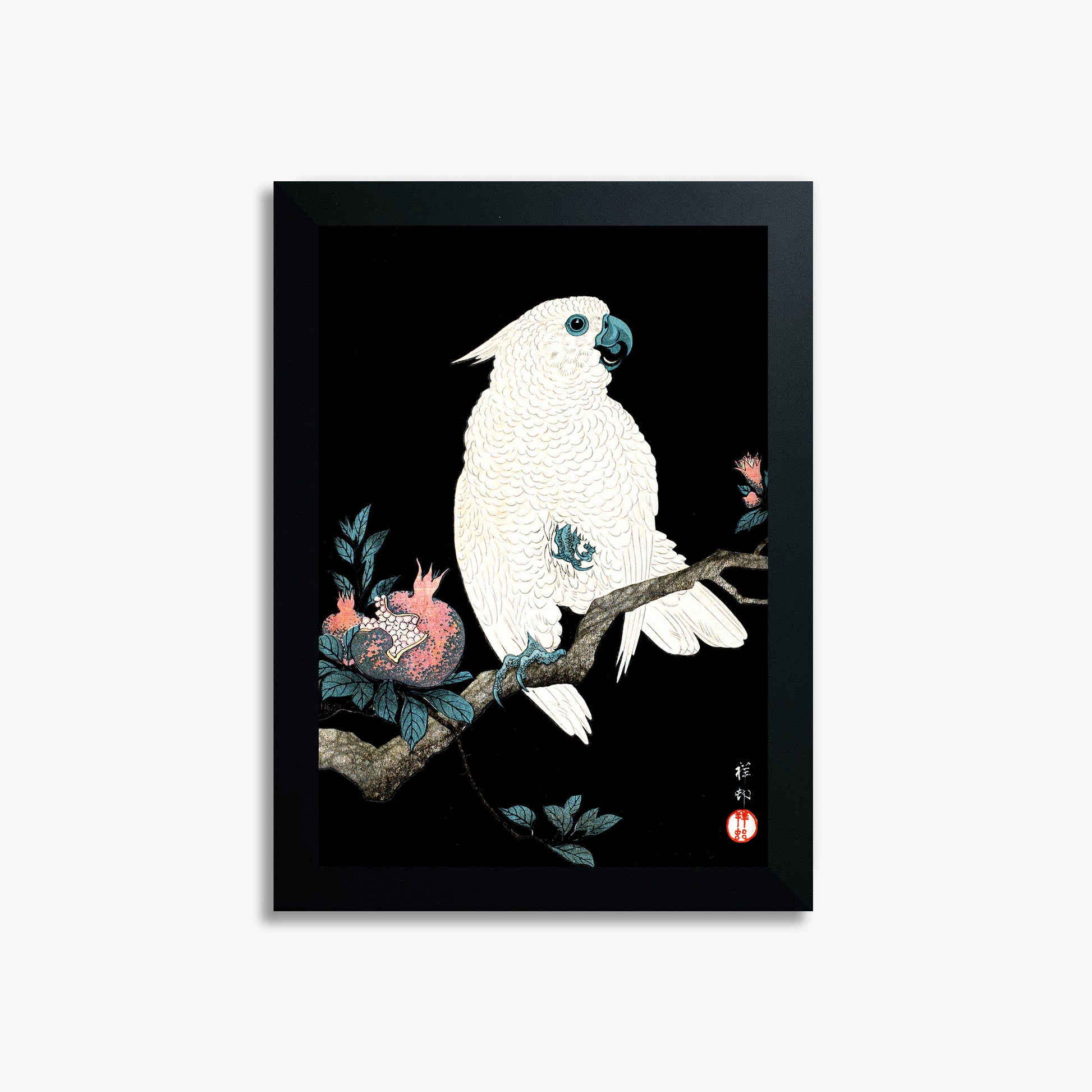 Ohara Koson: Cockatoo with Pomegranate, 21x30cm Framed Art Reproduction With Black Frame