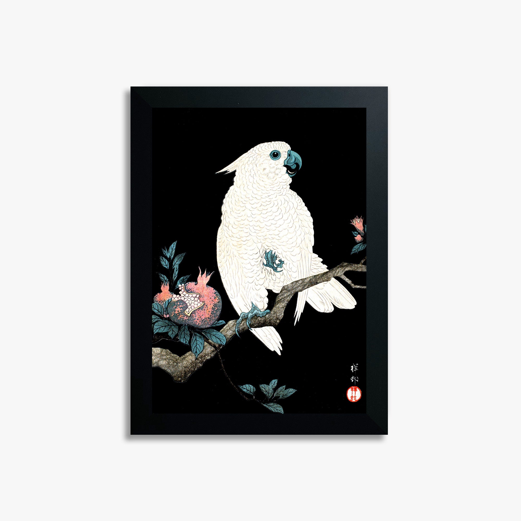 Ohara Koson: Cockatoo with Pomegranate, 21x30cm Framed Art Reproduction With Black Frame