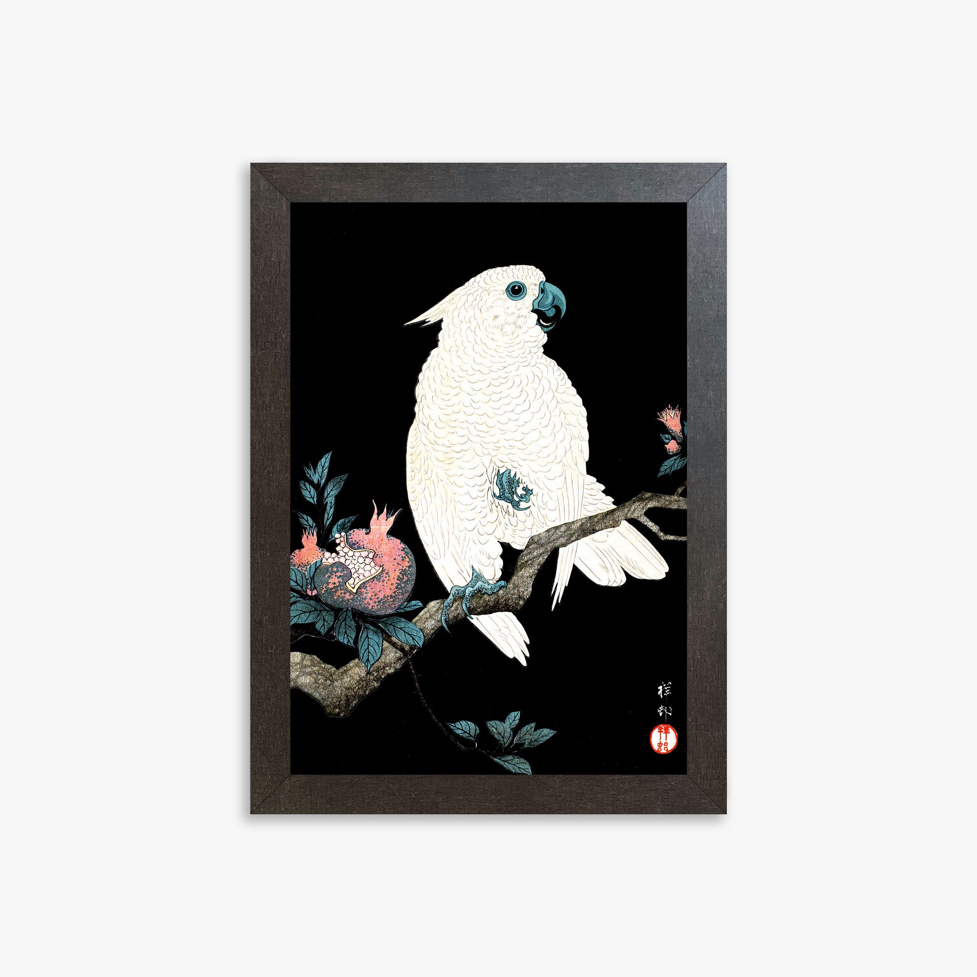 Ohara Koson: Cockatoo with Pomegranate, 21x30cm Framed Art Reproduction With Espresso Frame