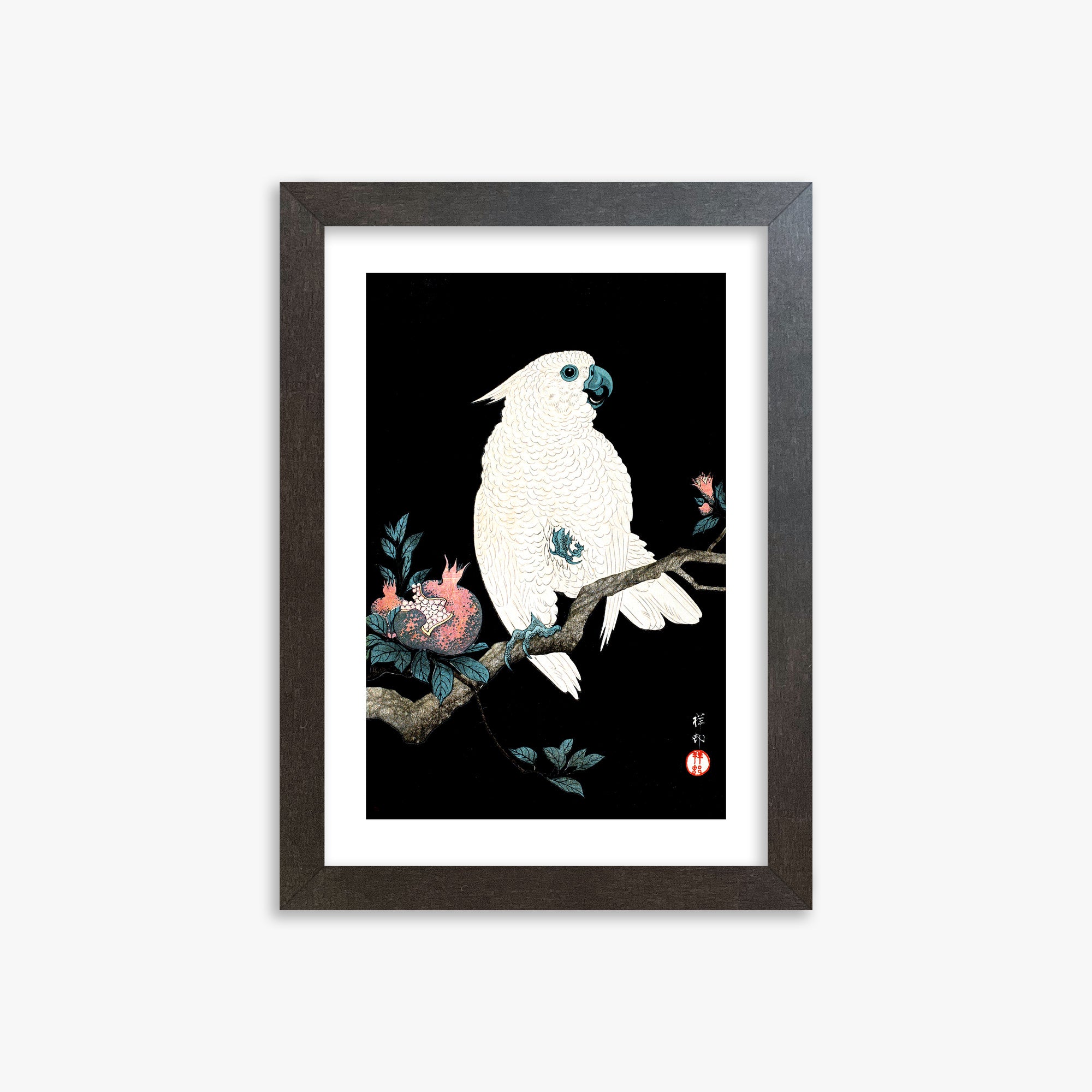 Ohara Koson: Cockatoo with Pomegranate, 21x30cm Framed Art Reproduction With Espresso Frame