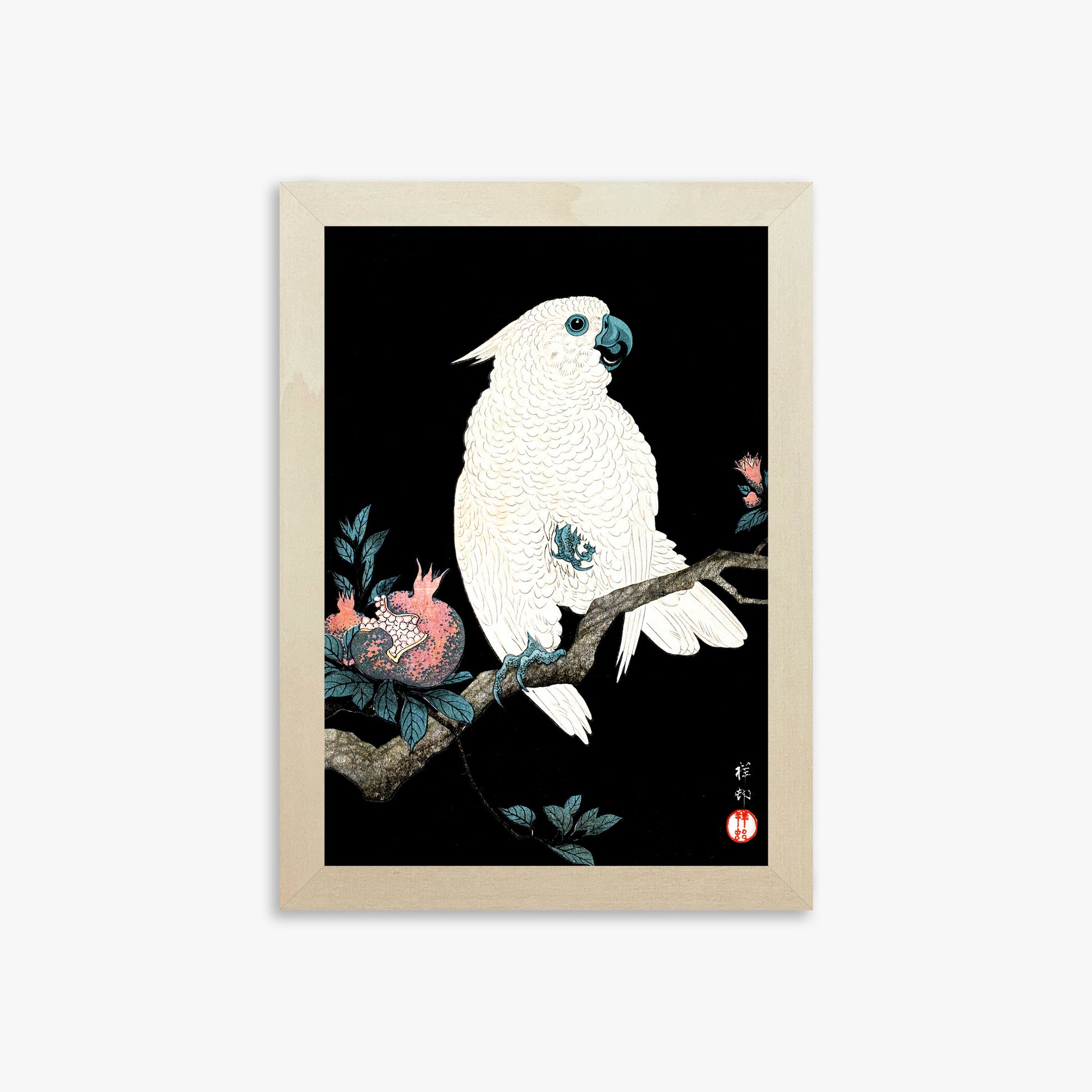 Ohara Koson: Cockatoo with Pomegranate, 21x30cm Framed Art Reproduction With Lime Wood Frame