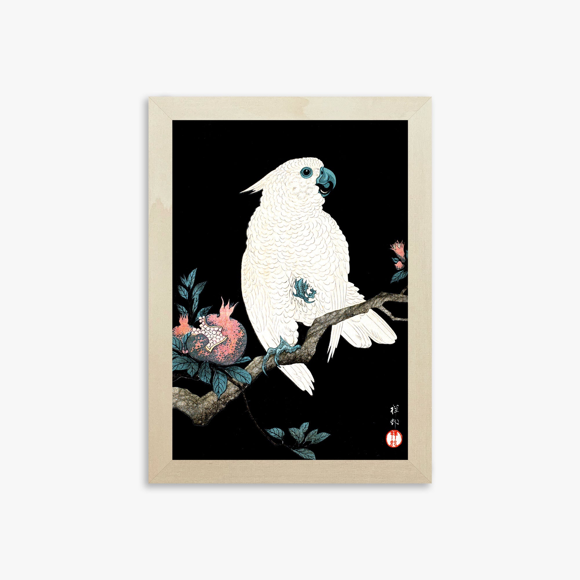 Ohara Koson: Cockatoo with Pomegranate, 21x30cm Framed Art Reproduction With Lime Wood Frame