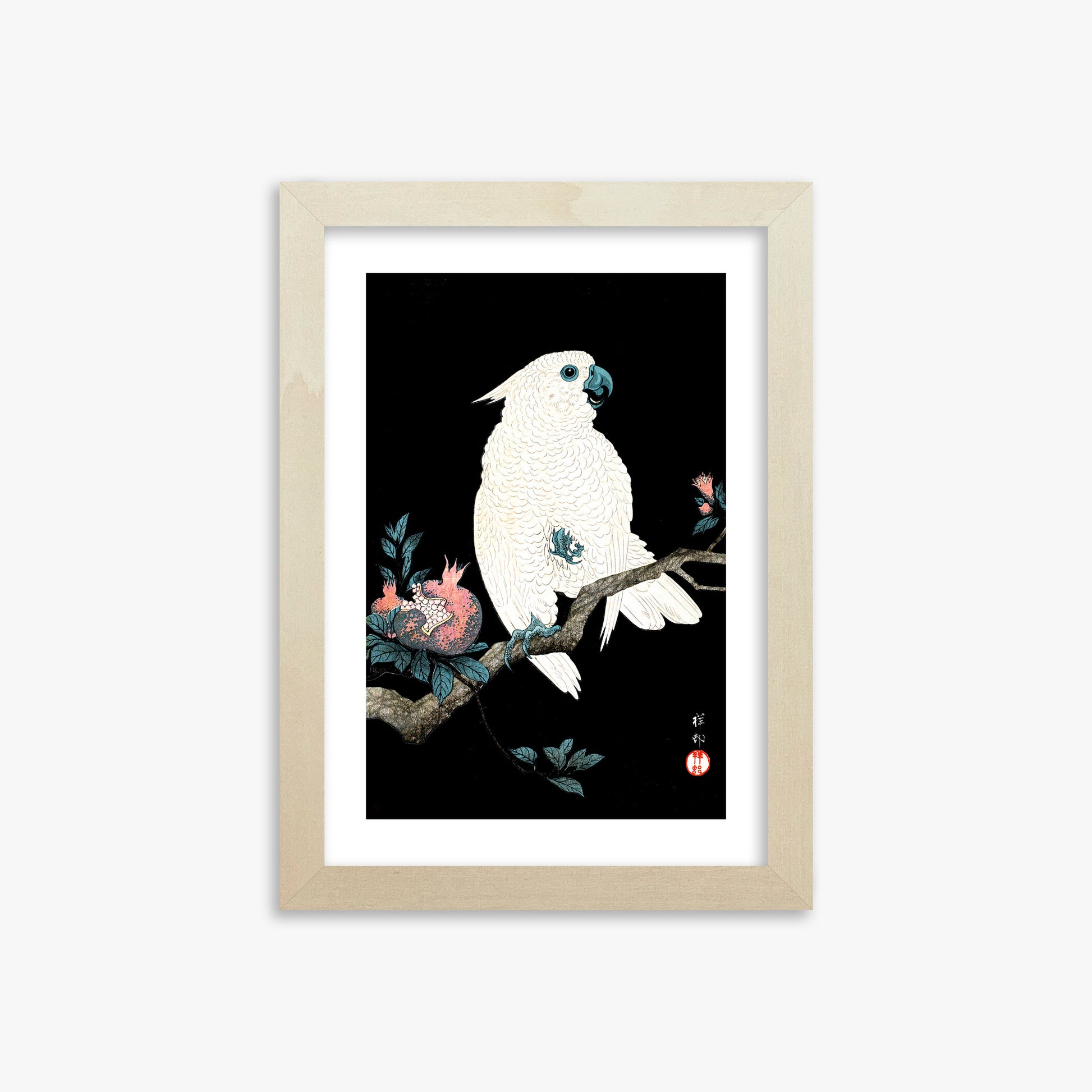 Ohara Koson: Cockatoo with Pomegranate, 21x30cm Framed Art Reproduction With Lime Wood Frame