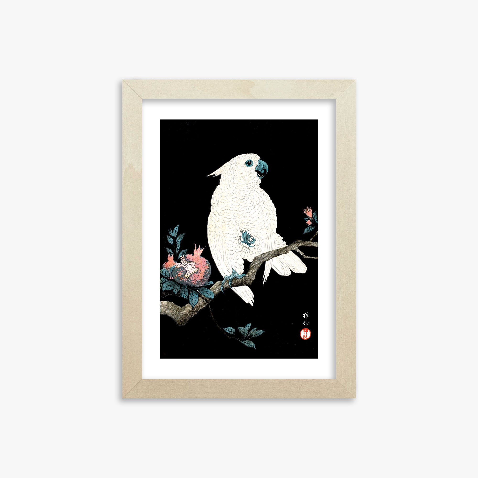 Ohara Koson: Cockatoo with Pomegranate, 21x30cm Framed Art Reproduction With Lime Wood Frame