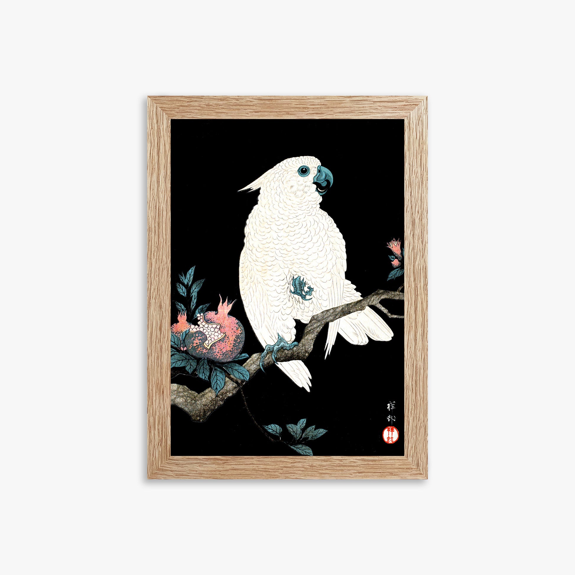 Ohara Koson: Cockatoo with Pomegranate, 21x30cm Framed Art Reproduction With Raw Oak Frame