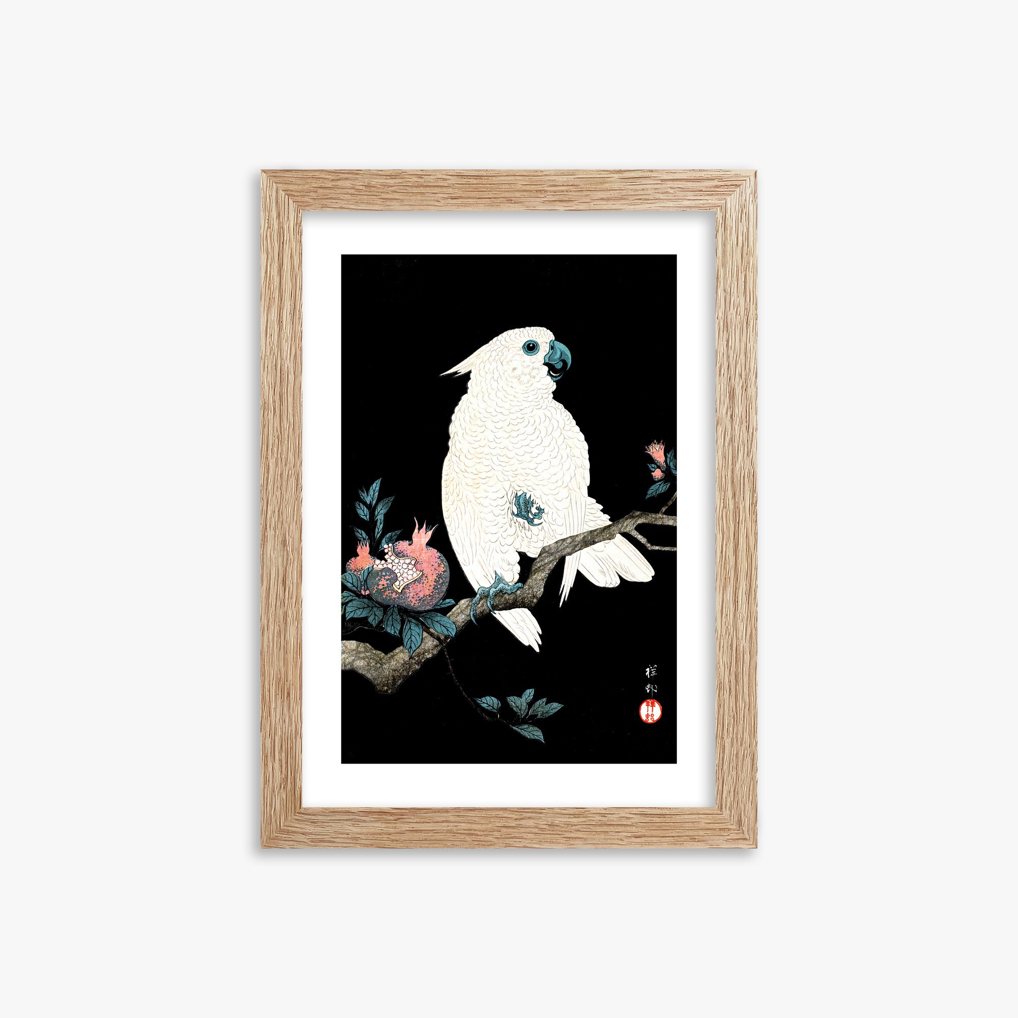 Ohara Koson: Cockatoo with Pomegranate, 21x30cm Framed Art Reproduction With Raw Oak Frame