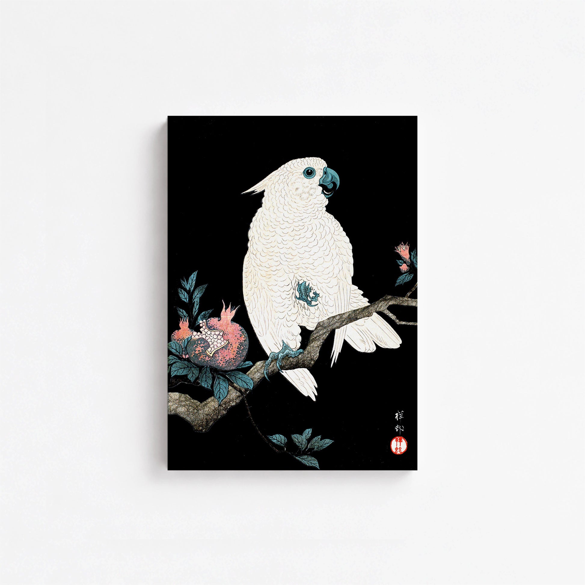 Ohara Koson: Cockatoo with Pomegranate, 21x30cm Satin Canvas Art Reproduction