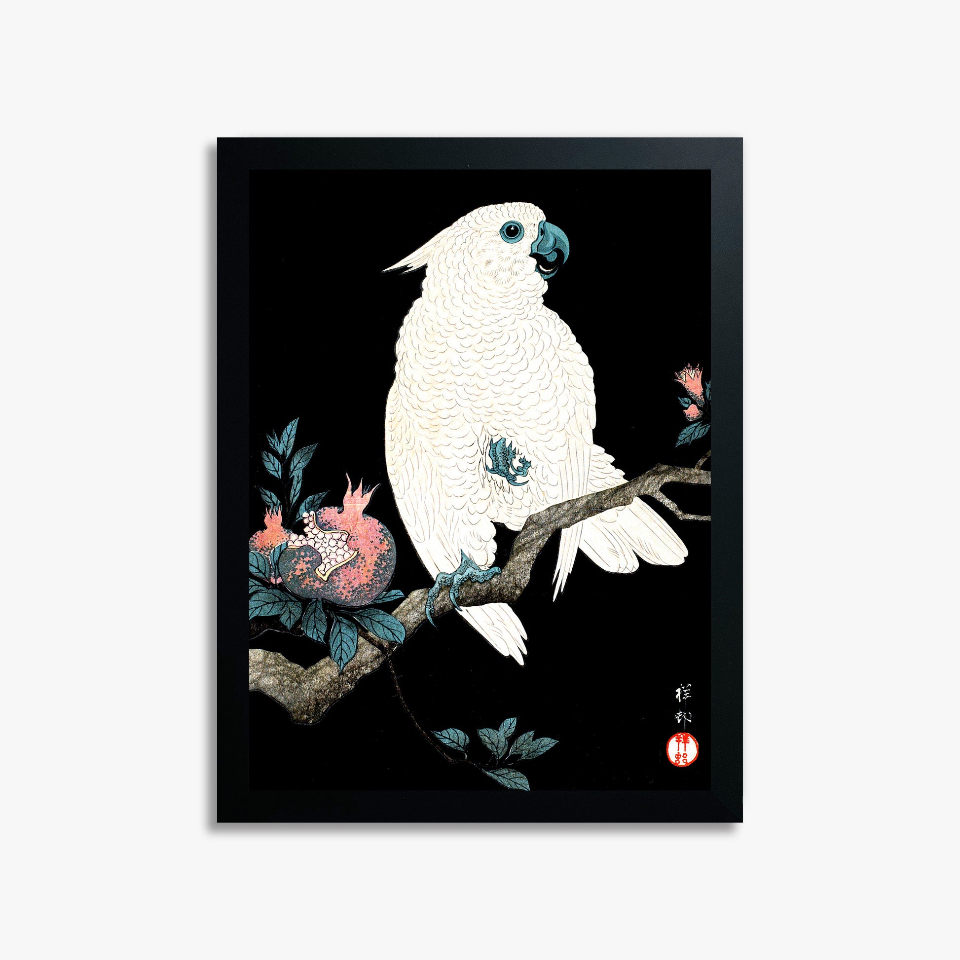 Ohara Koson: Cockatoo with Pomegranate, 30x40cm Framed Art Reproduction With Black Frame