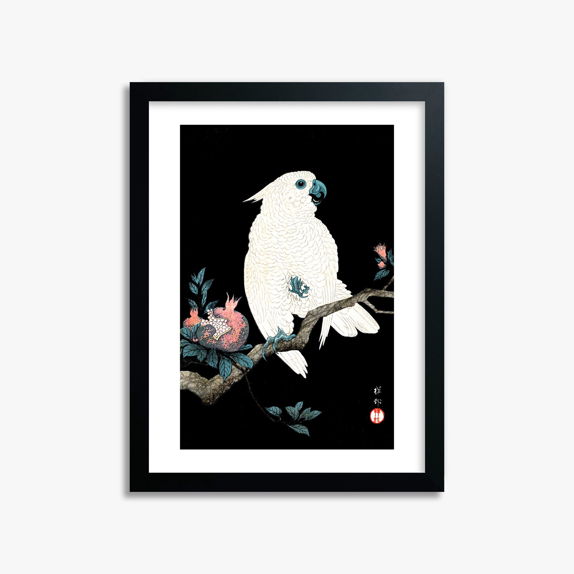 Ohara Koson: Cockatoo with Pomegranate, 30x40cm Framed Art Reproduction With Black Frame