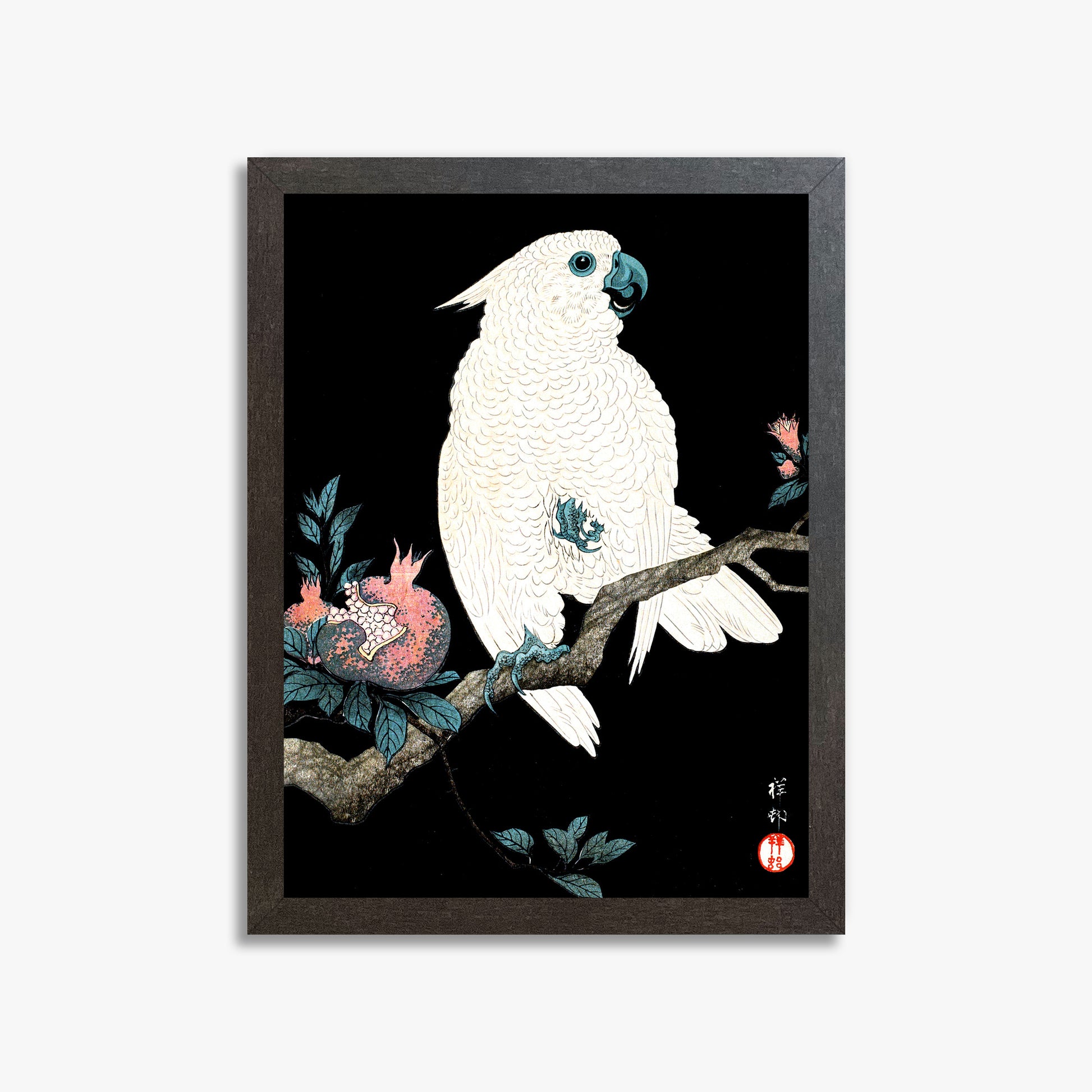 Ohara Koson: Cockatoo with Pomegranate, 30x40cm Framed Art Reproduction With Espresso Frame