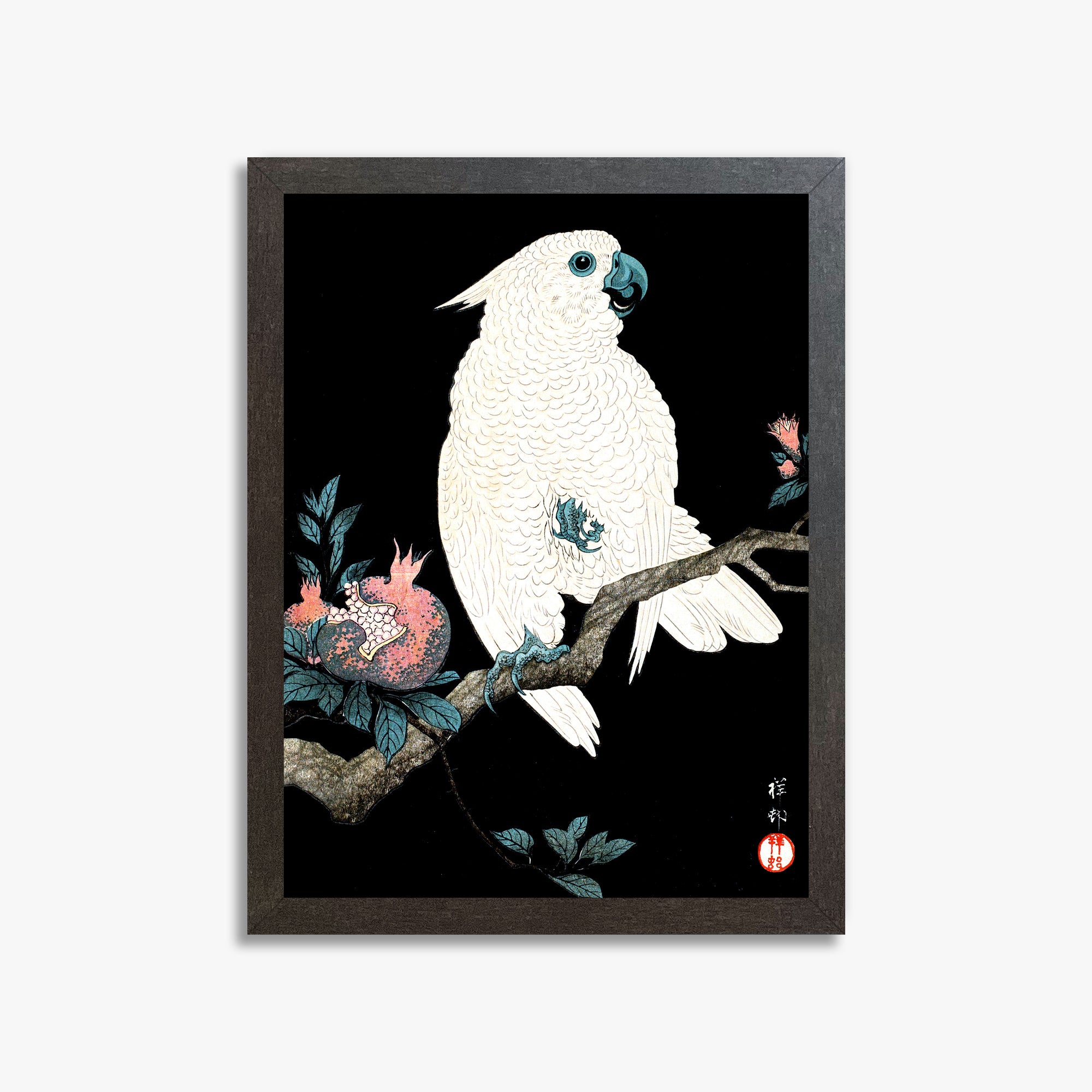 Ohara Koson: Cockatoo with Pomegranate, 30x40cm Framed Art Reproduction With Espresso Frame