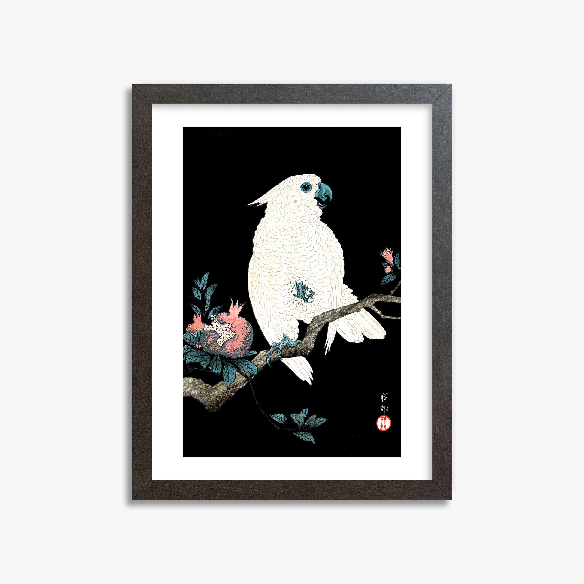 Ohara Koson: Cockatoo with Pomegranate, 30x40cm Framed Art Reproduction With Espresso Frame