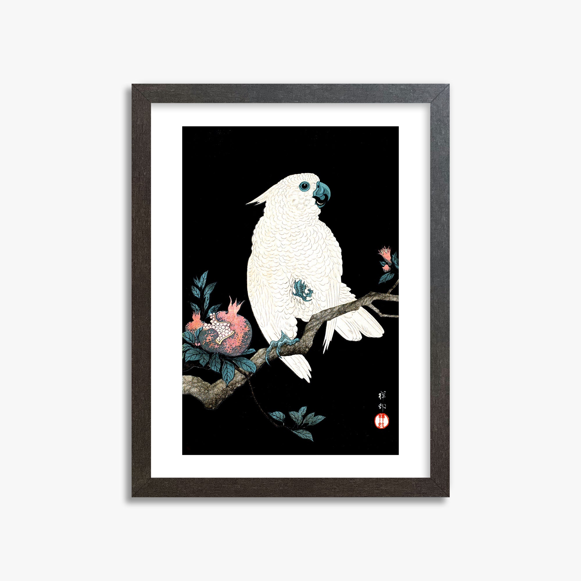 Ohara Koson: Cockatoo with Pomegranate, 30x40cm Framed Art Reproduction With Espresso Frame