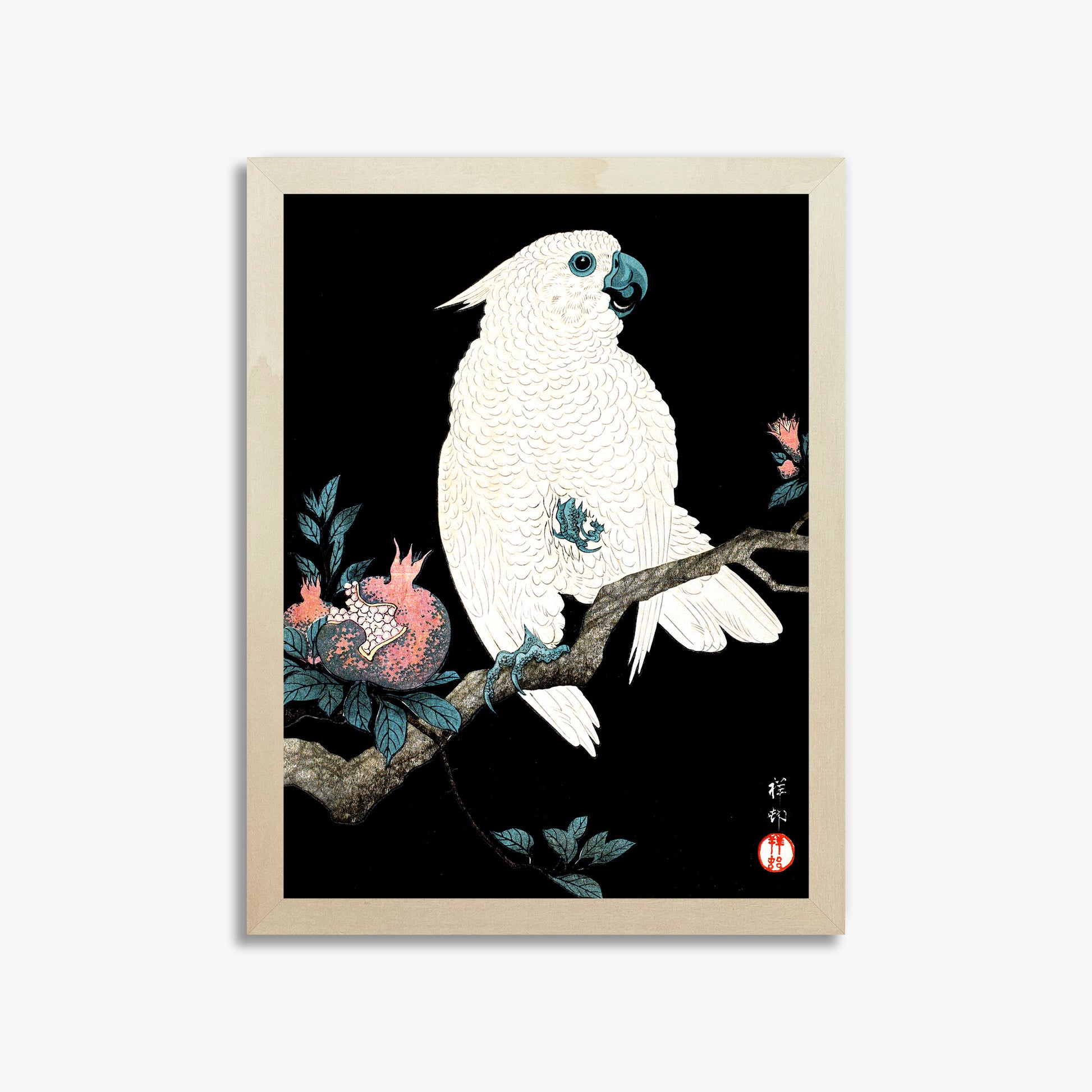 Ohara Koson: Cockatoo with Pomegranate, 30x40cm Framed Art Reproduction With Lime Wood Frame