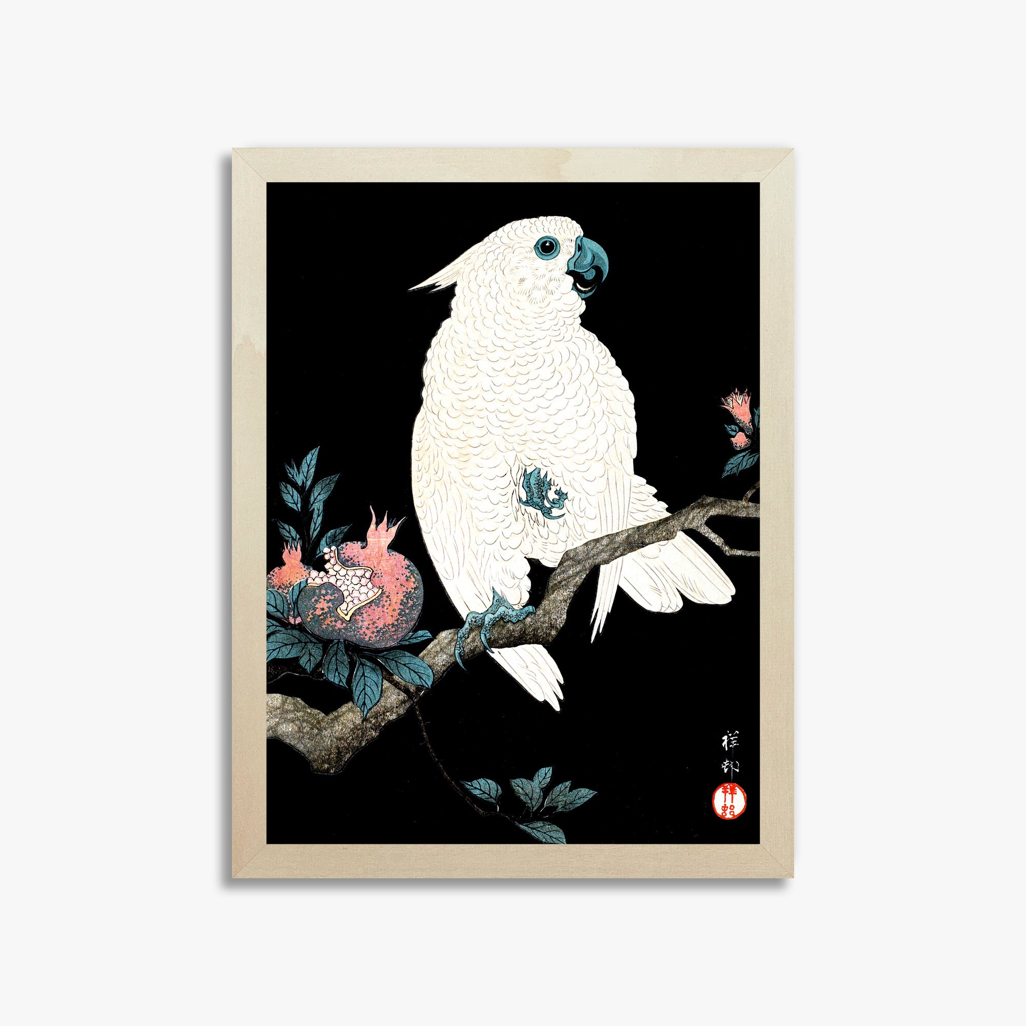 Ohara Koson: Cockatoo with Pomegranate, 30x40cm Framed Art Reproduction With Lime Wood Frame