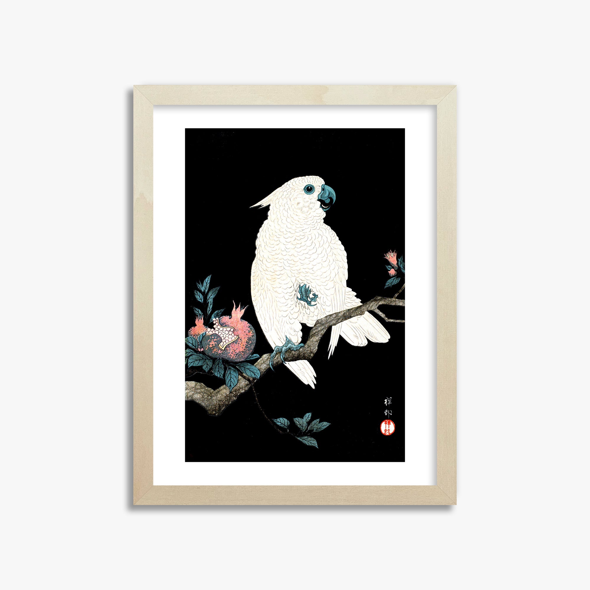 Ohara Koson: Cockatoo with Pomegranate, 30x40cm Framed Art Reproduction With Lime Wood Frame