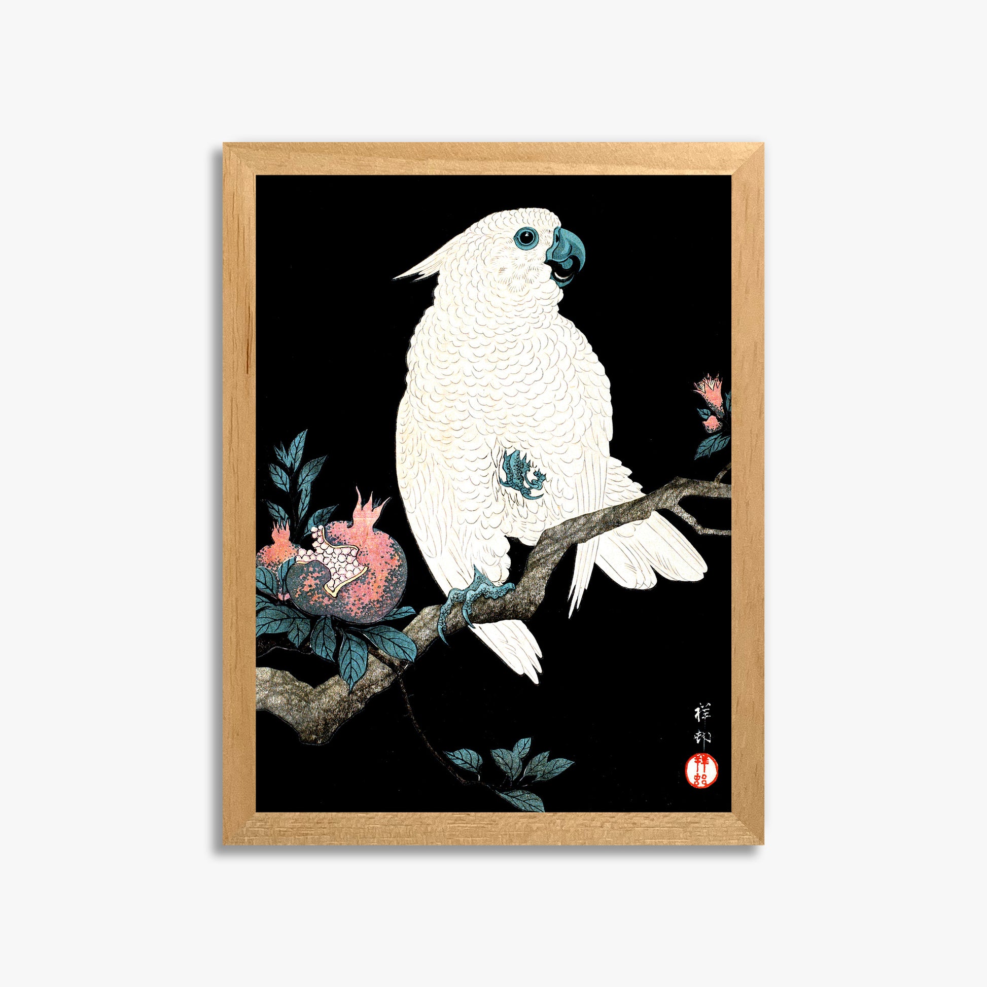 Ohara Koson: Cockatoo with Pomegranate, 30x40cm Framed Art Reproduction With Oak Frame