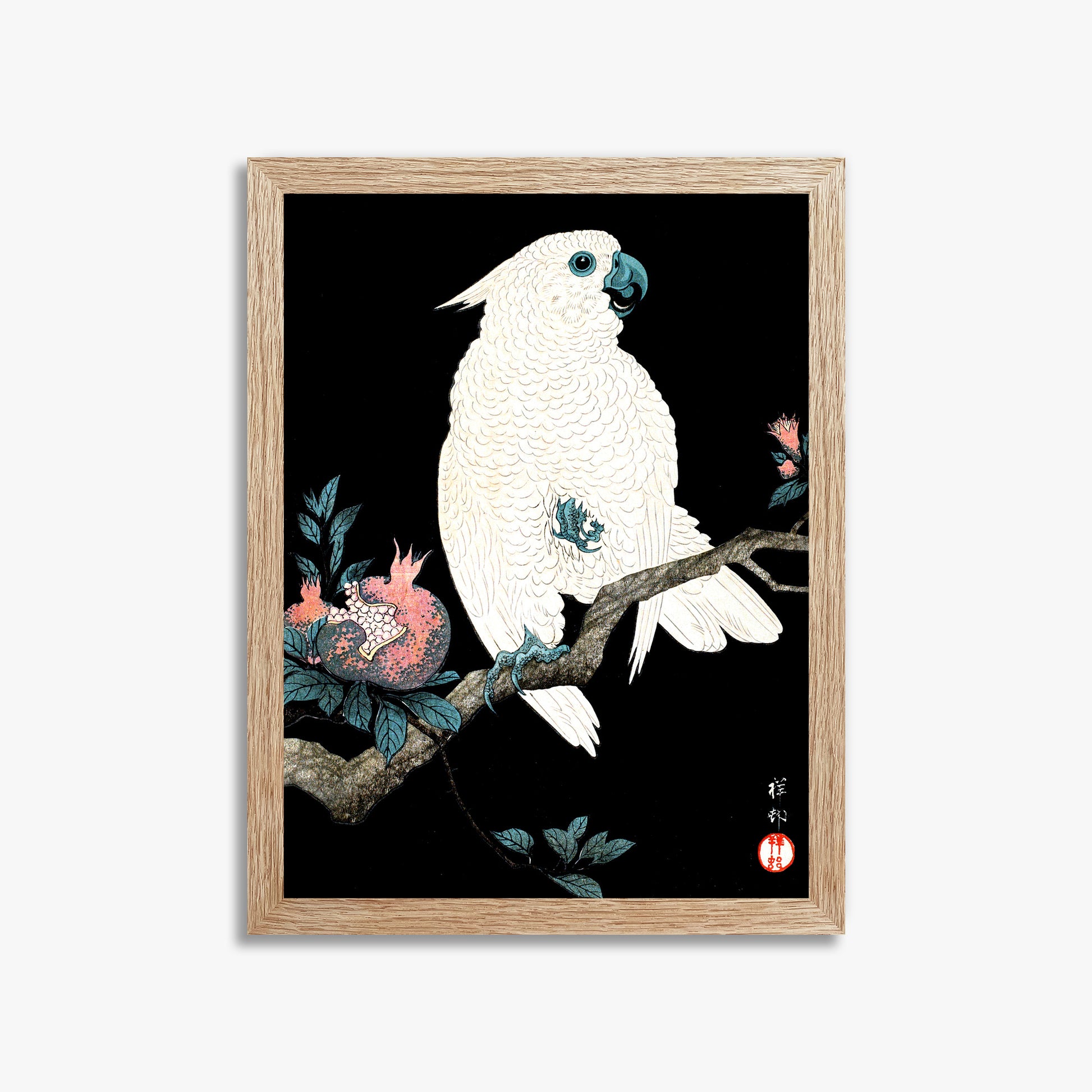 Ohara Koson: Cockatoo with Pomegranate, 30x40cm Framed Art Reproduction With Raw Oak Frame