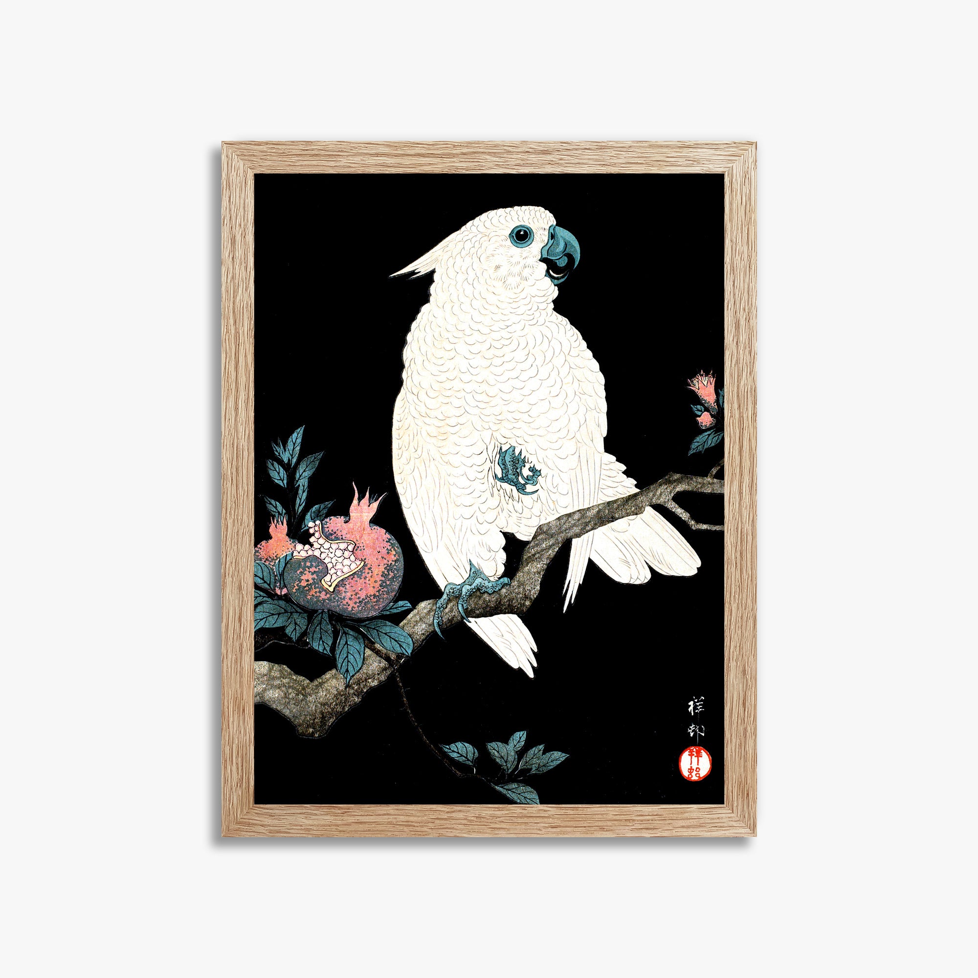 Ohara Koson: Cockatoo with Pomegranate, 30x40cm Framed Art Reproduction With Raw Oak Frame