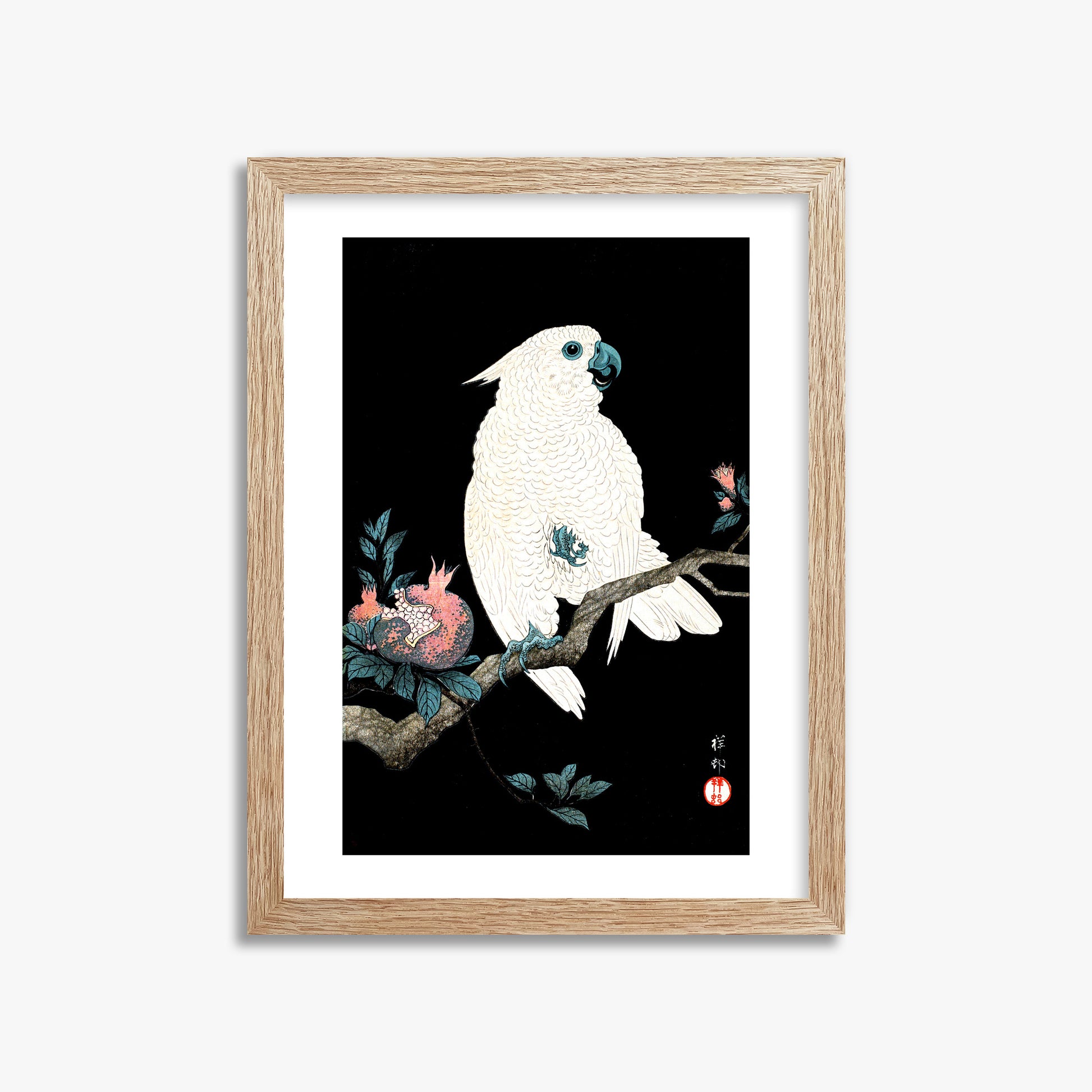 Ohara Koson: Cockatoo with Pomegranate, 30x40cm Framed Art Reproduction With Raw Oak Frame