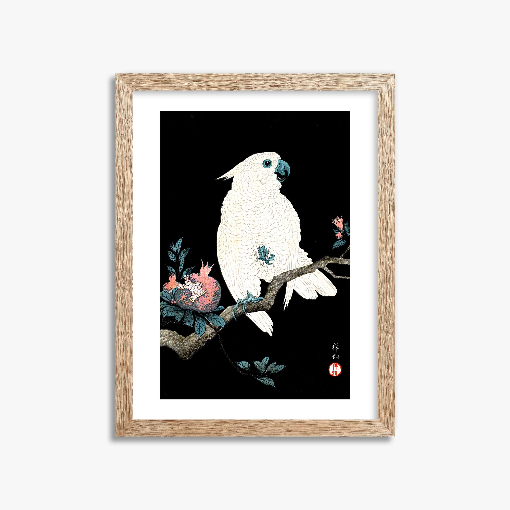 Ohara Koson: Cockatoo with Pomegranate, 30x40cm Framed Art Reproduction With Raw Oak Frame