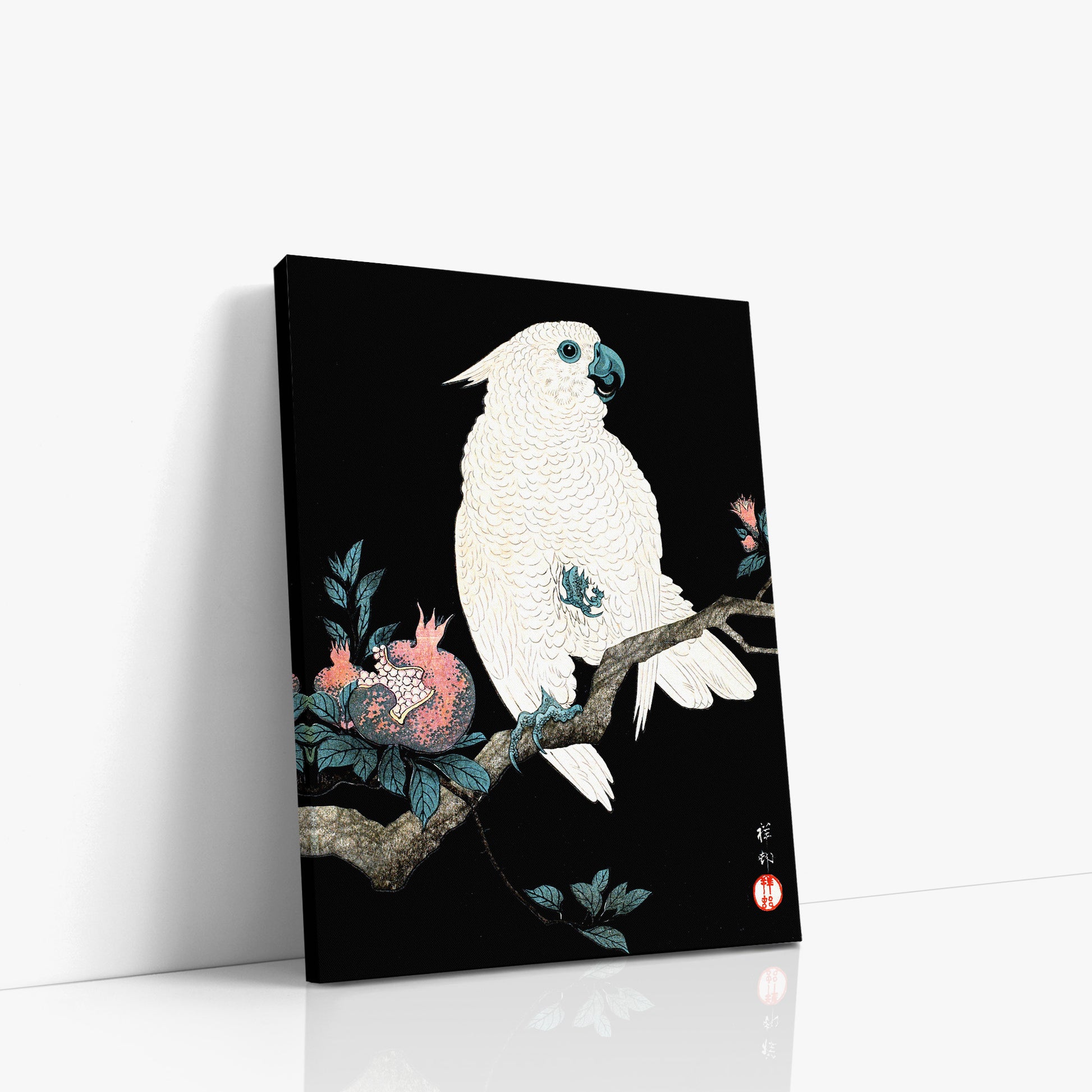 Ohara Koson: Cockatoo with Pomegranate, 30x40cm Satin Canvas Art Reproduction Left Angle