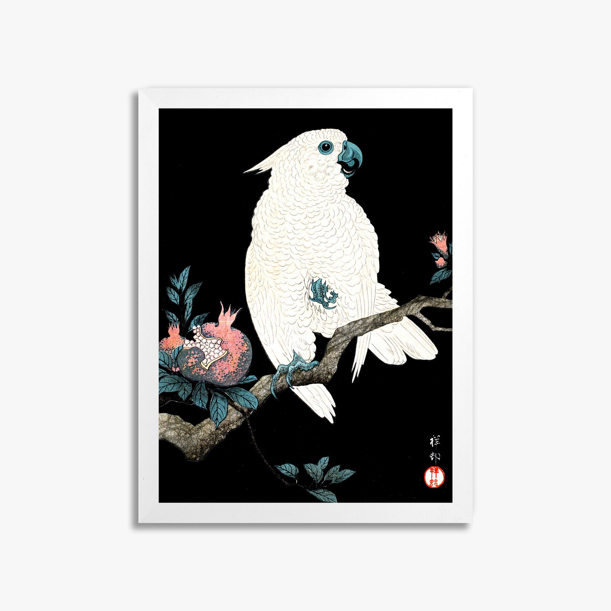 Ohara Koson: Cockatoo with Pomegranate, 30x40cm Framed Art Reproduction With White Frame