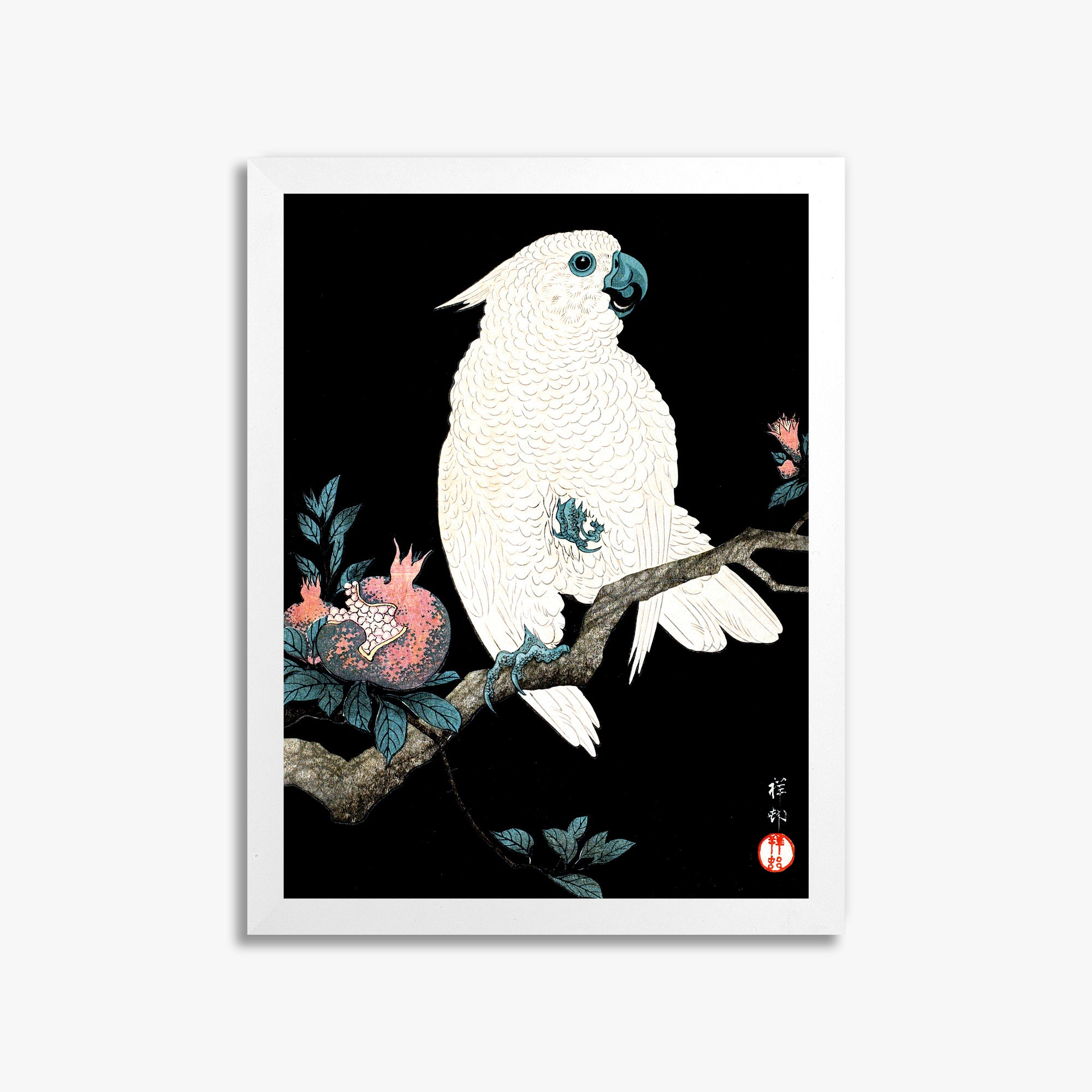 Ohara Koson: Cockatoo with Pomegranate, 30x40cm Framed Art Reproduction With White Frame