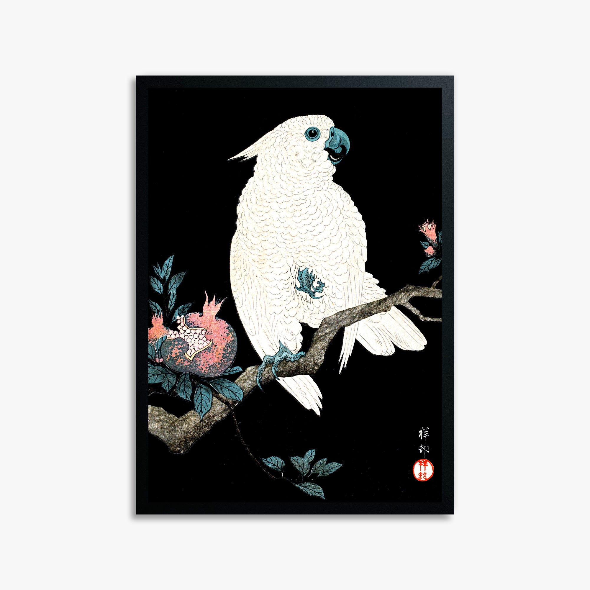 Ohara Koson: Cockatoo with Pomegranate, 50x70cm Framed Art Reproduction With Black Frame