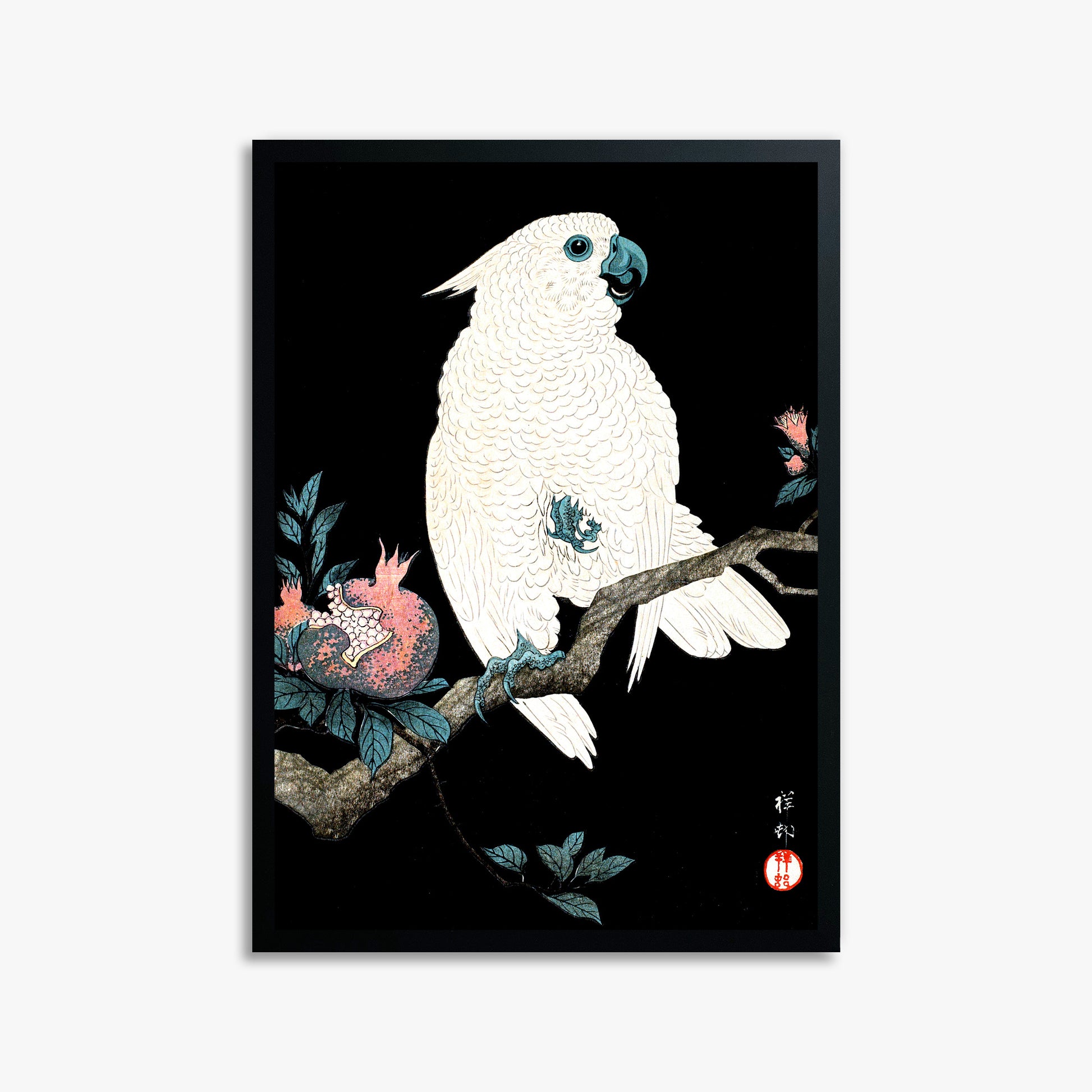 Ohara Koson: Cockatoo with Pomegranate, 50x70cm Framed Art Reproduction With Black Frame