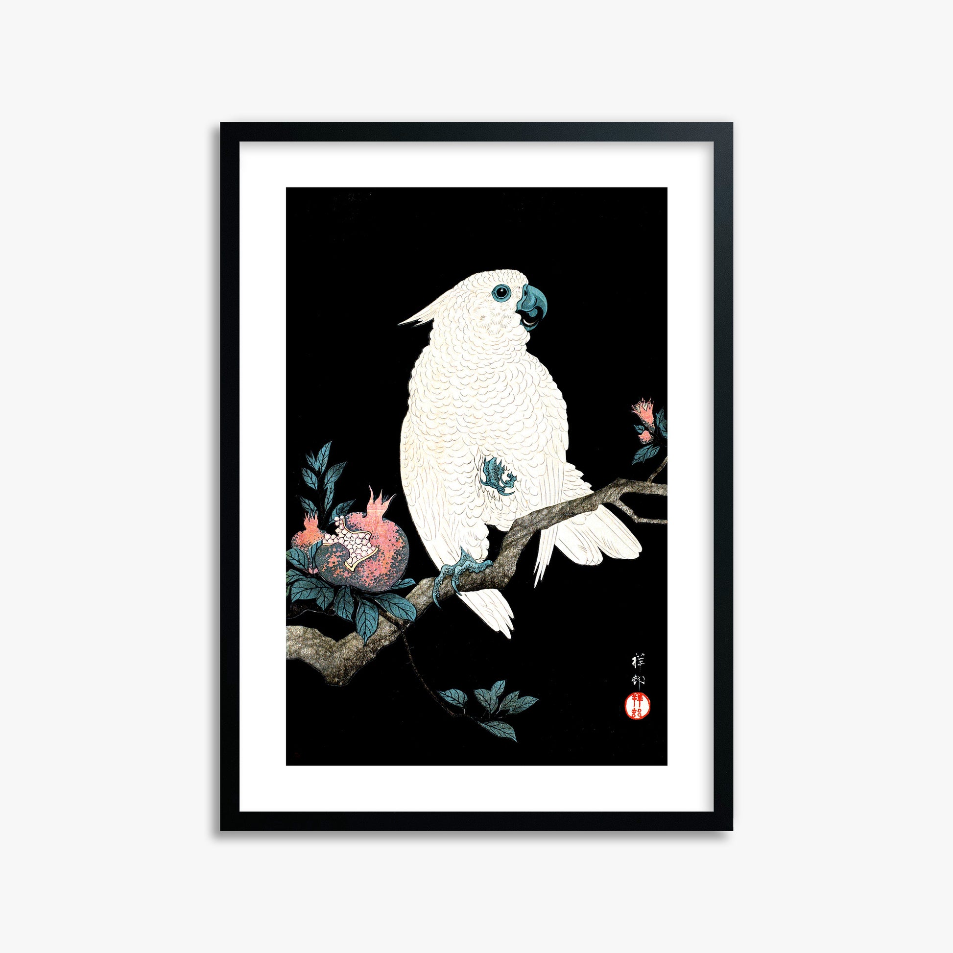 Ohara Koson: Cockatoo with Pomegranate, 50x70cm Framed Art Reproduction With Black Frame