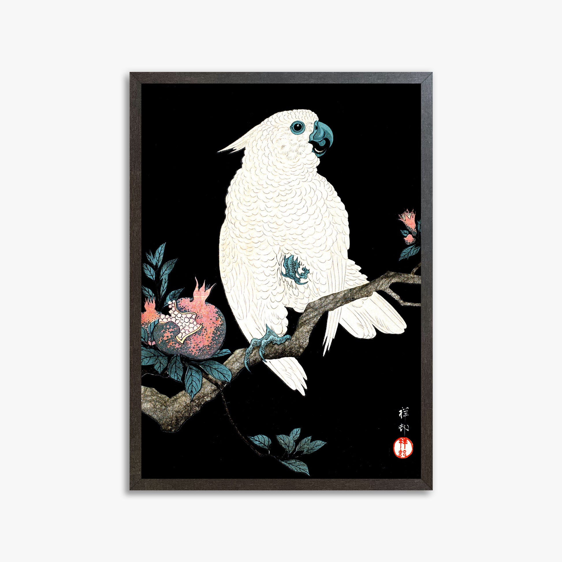 Ohara Koson: Cockatoo with Pomegranate, 50x70cm Framed Art Reproduction With Espresso Frame