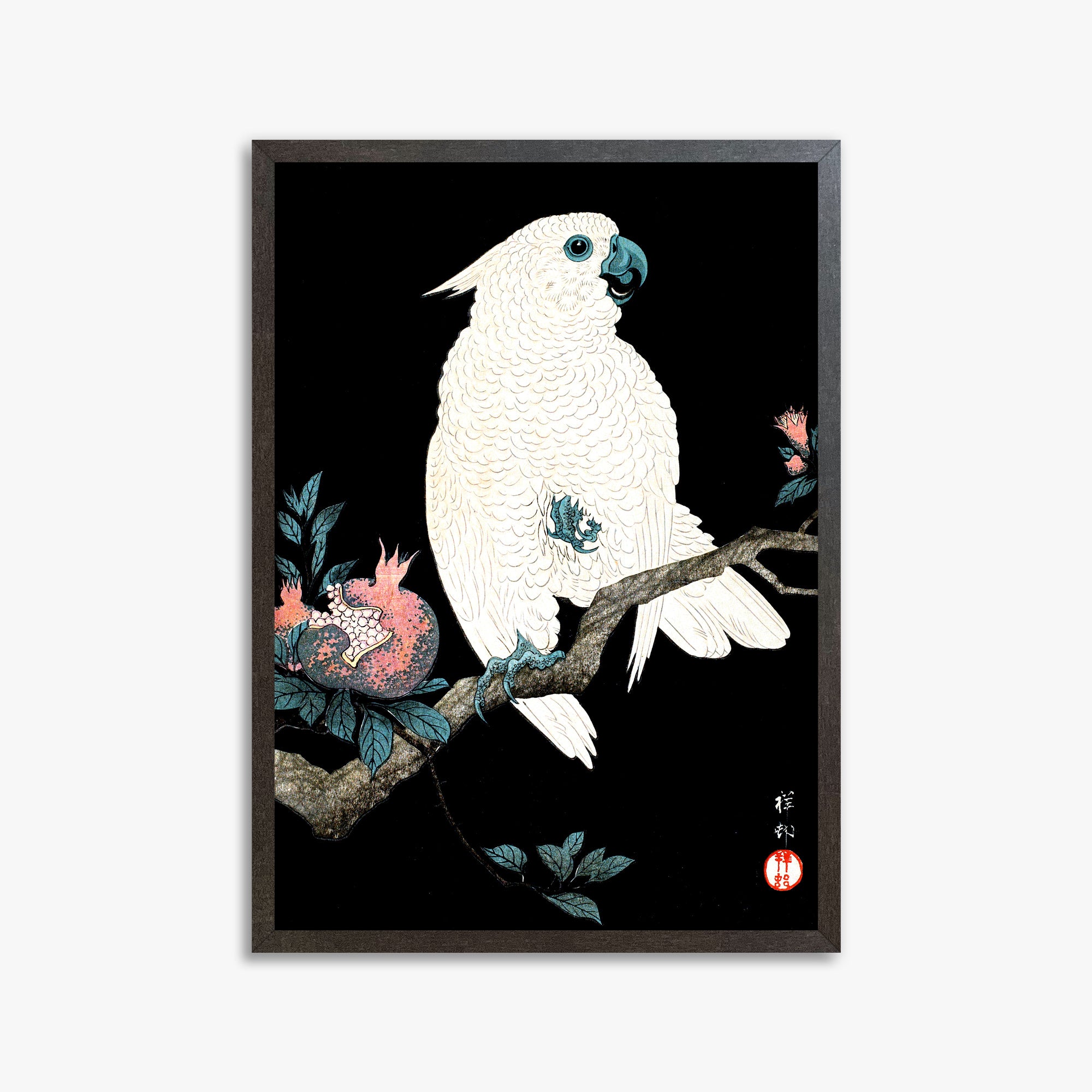 Ohara Koson: Cockatoo with Pomegranate, 50x70cm Framed Art Reproduction With Espresso Frame