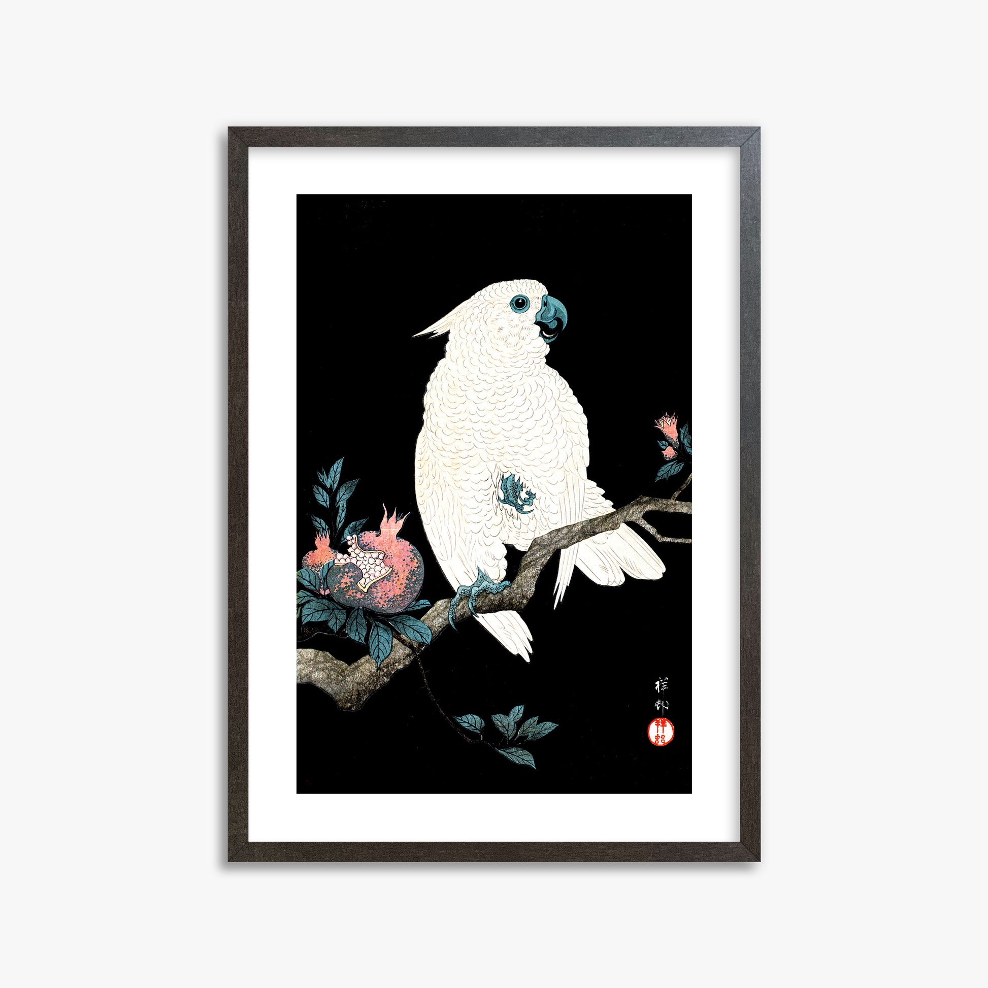Ohara Koson: Cockatoo with Pomegranate, 50x70cm Framed Art Reproduction With Espresso Frame