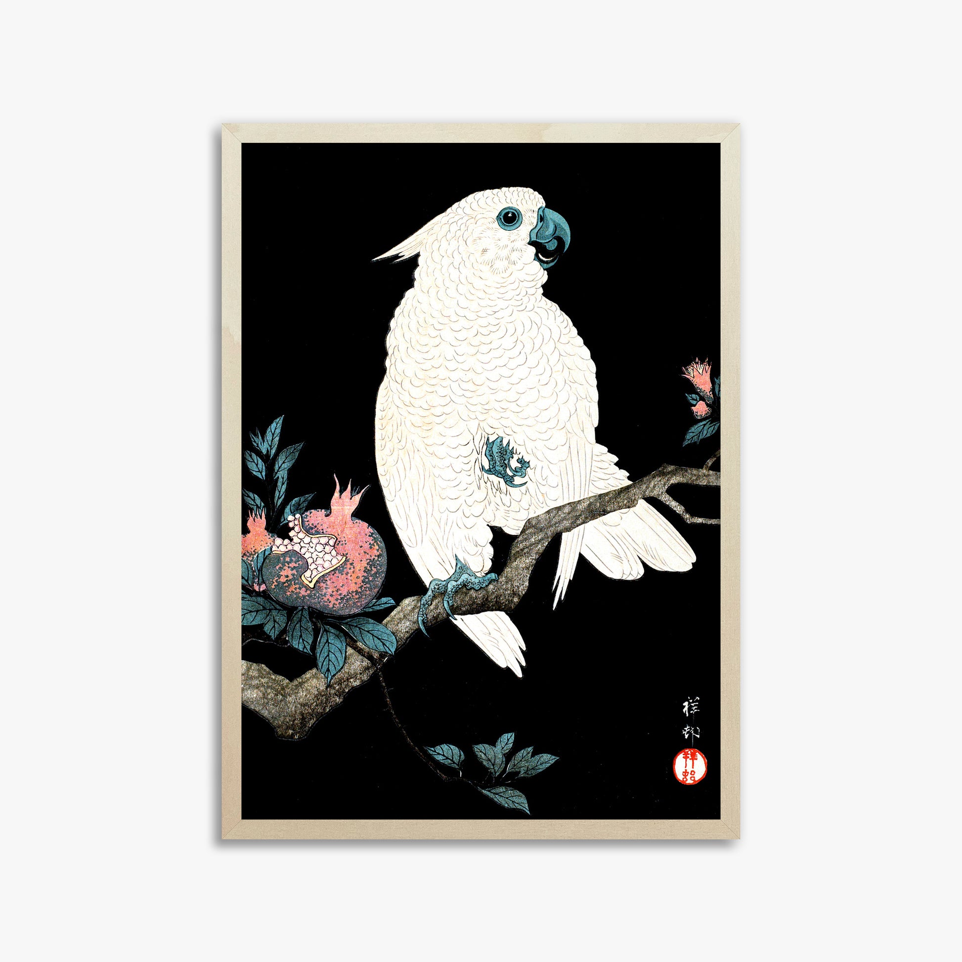 Ohara Koson: Cockatoo with Pomegranate, 50x70cm Framed Art Reproduction With Lime Wood Frame