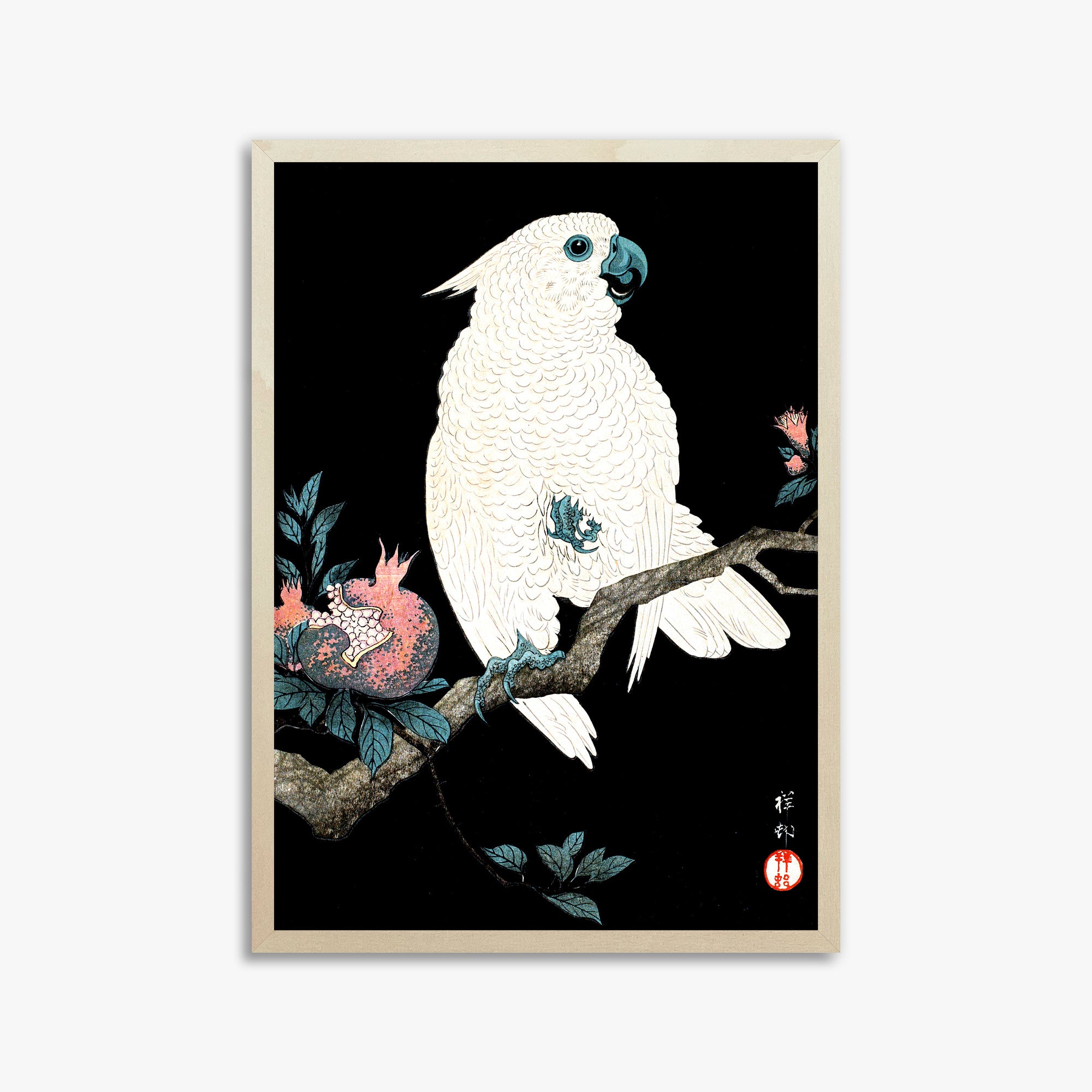 Ohara Koson: Cockatoo with Pomegranate, 50x70cm Framed Art Reproduction With Lime Wood Frame