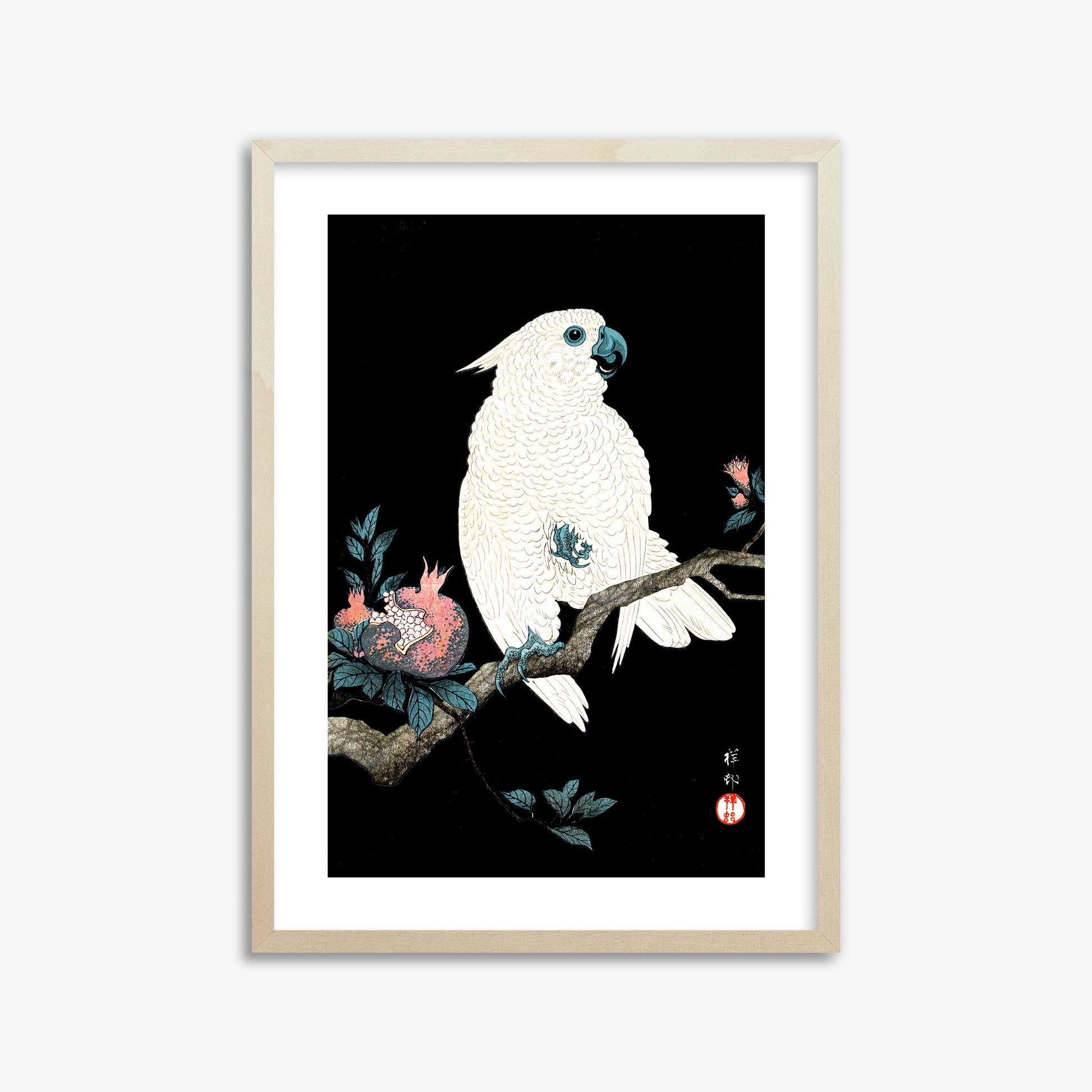 Ohara Koson: Cockatoo with Pomegranate, 50x70cm Framed Art Reproduction With Lime Wood Frame